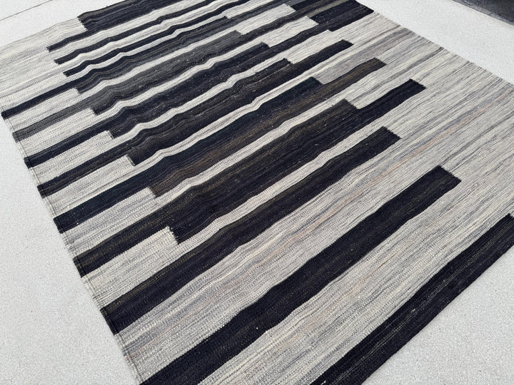 5x6 (152x182) Handmade Afghan Kilim Rug | Grey Gray Charcoal Slate Black Cream | Wool Flatweave Modern Minimalist Contemporary