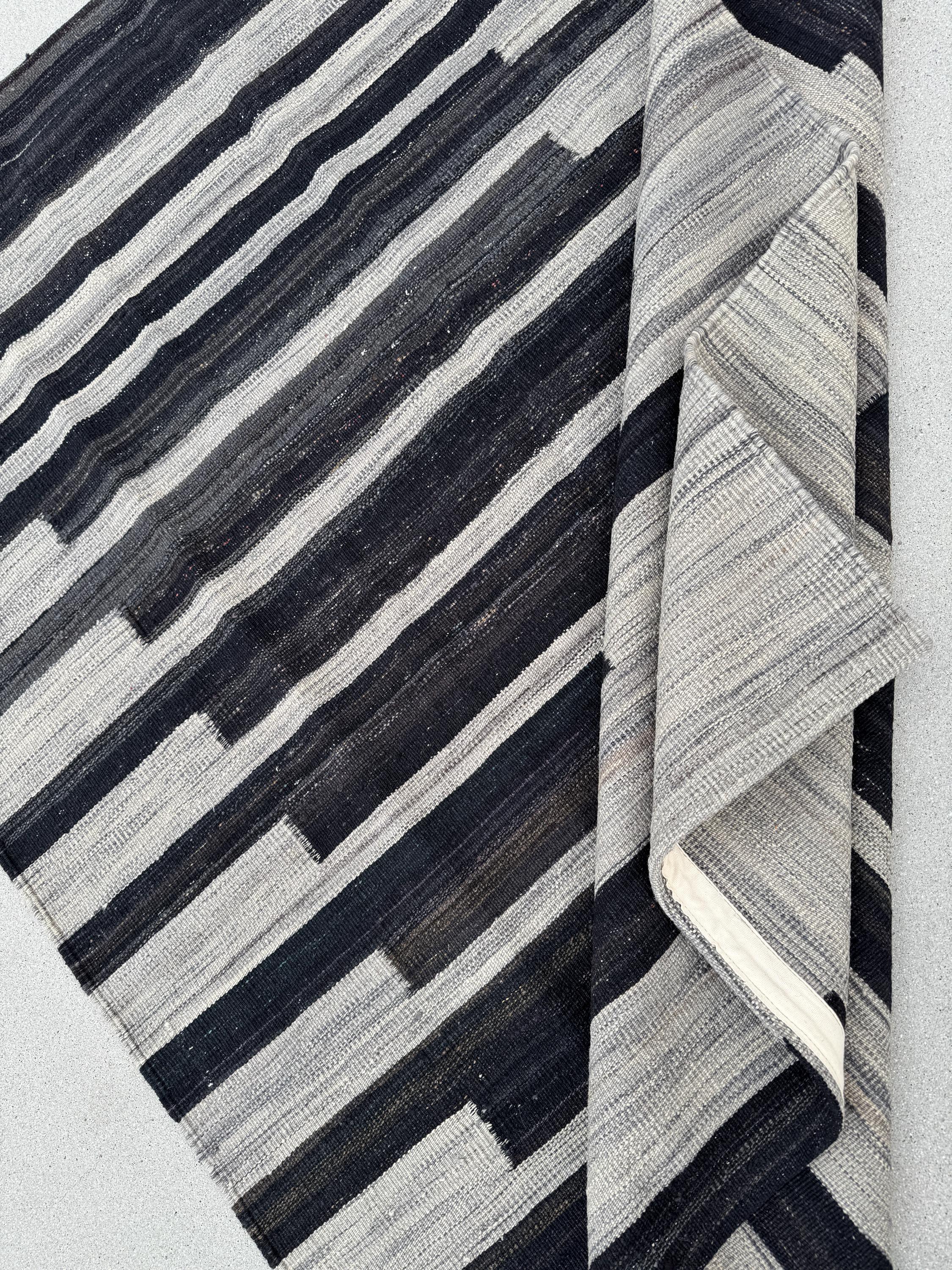 5x6 (152x182) Handmade Afghan Kilim Rug | Grey Gray Charcoal Slate Black Cream | Wool Flatweave Modern Minimalist Contemporary