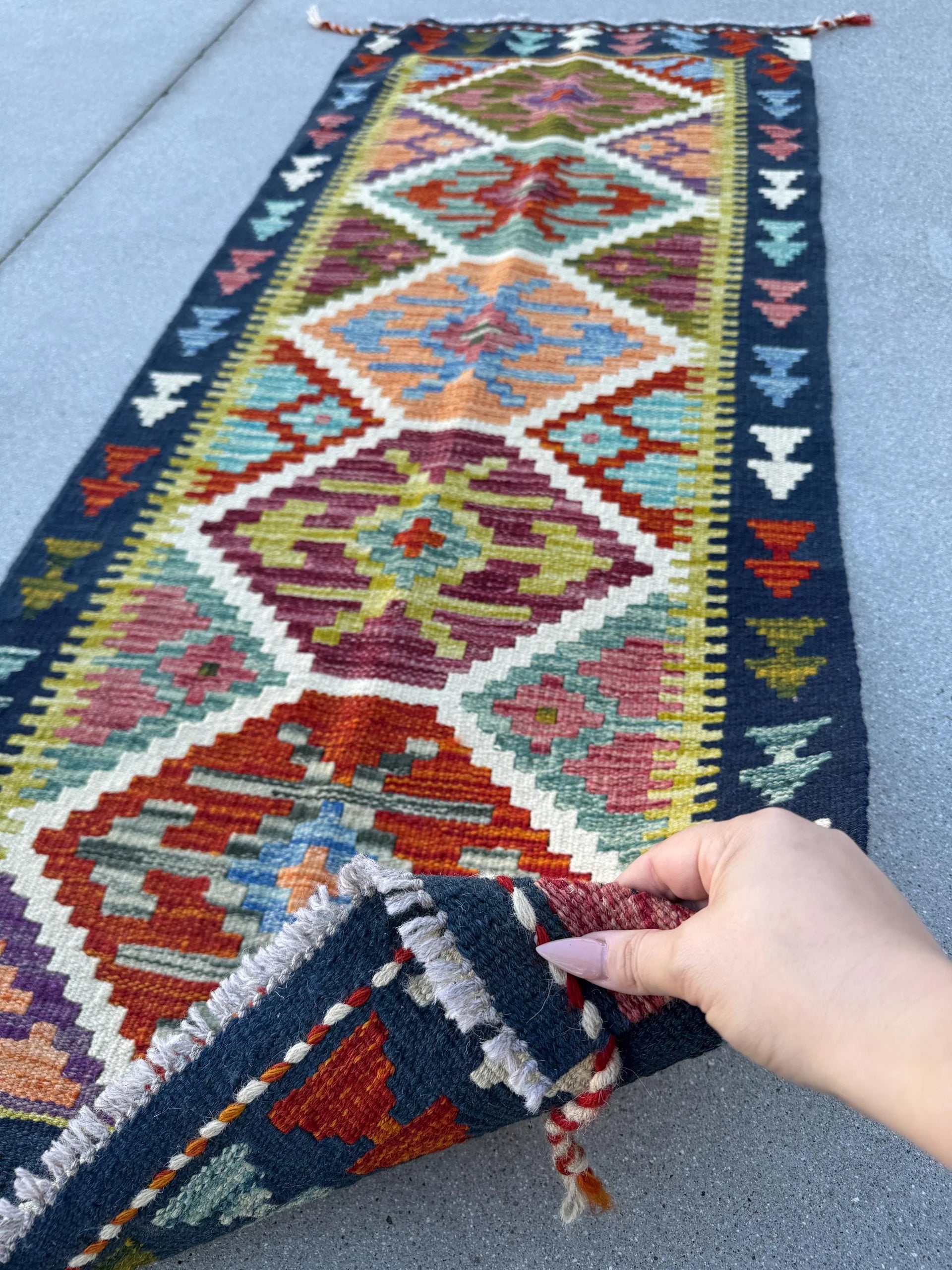 2x5 Handmade Afghan Kilim Runner Rug | Olive Moss Forest Green Cream White Navy Denim Teal Aqua Blue Peach Rust Orange Crimson Wine Red Wool