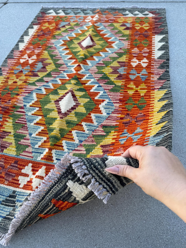 3x4 Handmade Afghan Kilim Runner Rug | Grey Burnt Orange Mustard Yellow Cream White Black Denim Blue Brick Wine Red Forest Green | Wool