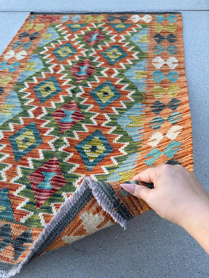3x4 Handmade Afghan Kilim Runner Rug | Burnt Orange Rust Brick Red Olive Moss Forest Green Navy Teal Aqua Blue Cream White Grey Black | Wool
