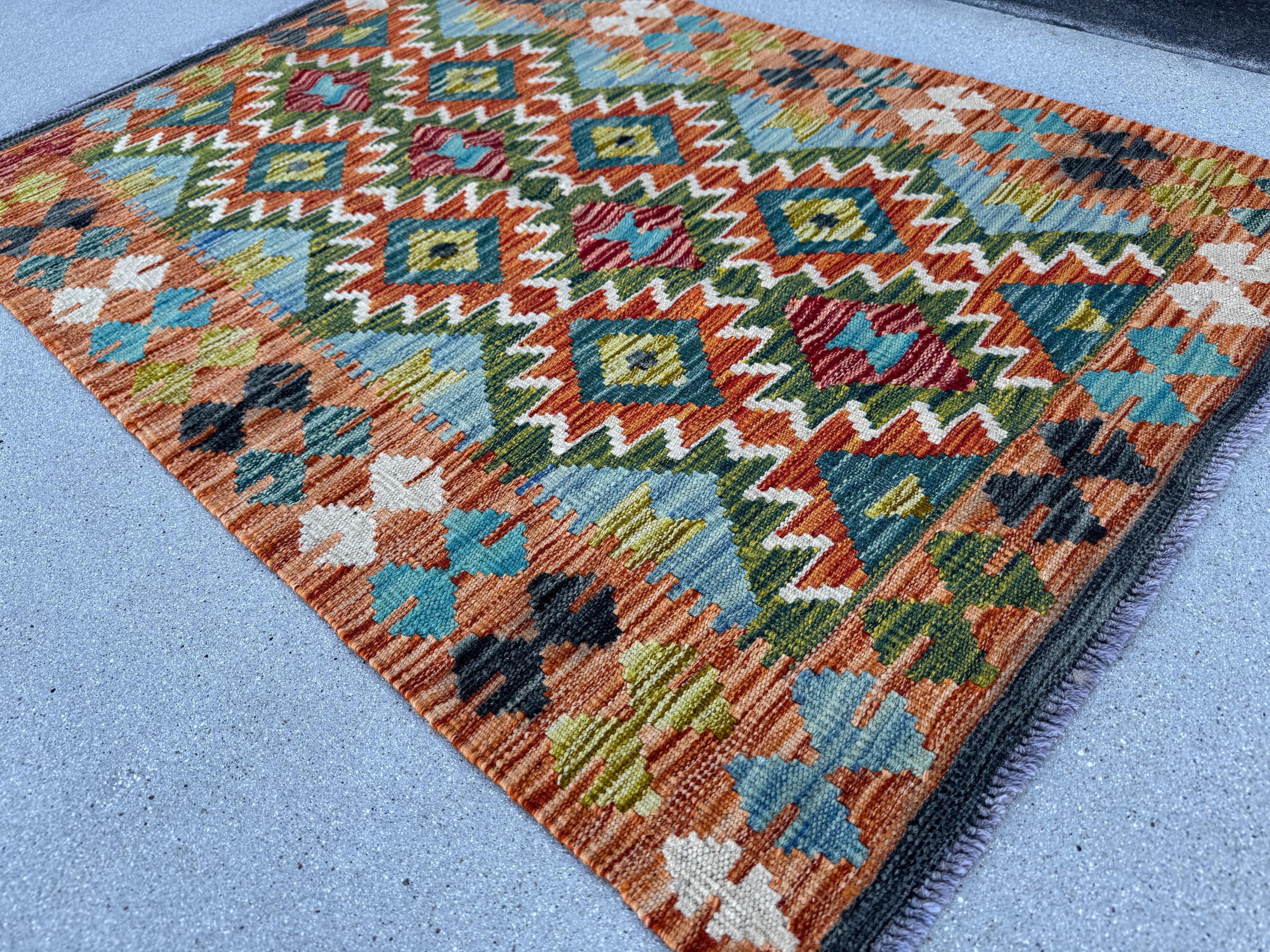 3x4 Handmade Afghan Kilim Runner Rug | Burnt Orange Rust Brick Red Olive Moss Forest Green Navy Teal Aqua Blue Cream White Grey Black | Wool