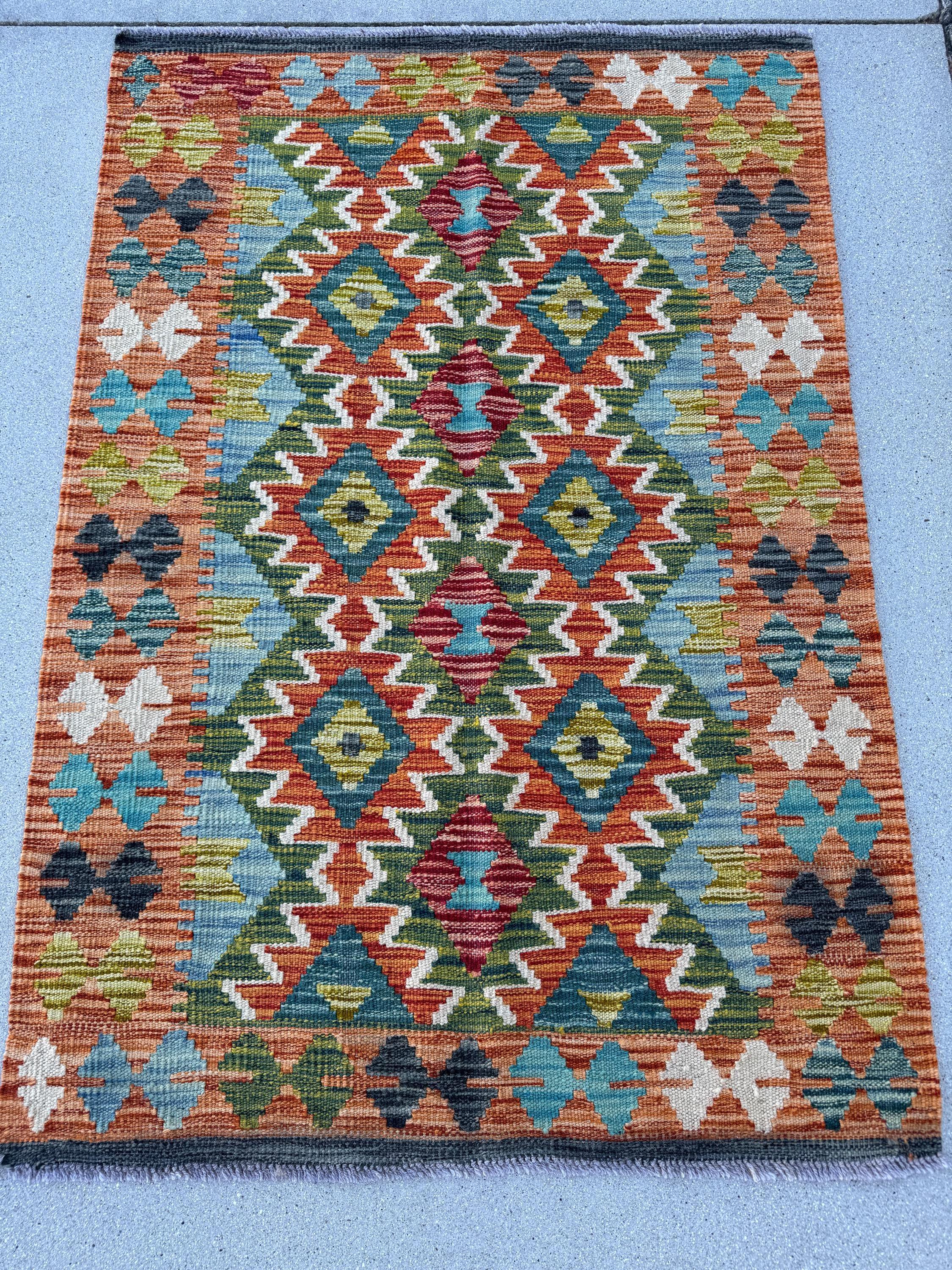 3x4 Handmade Afghan Kilim Runner Rug | Burnt Orange Rust Brick Red Olive Moss Forest Green Navy Teal Aqua Blue Cream White Grey Black | Wool
