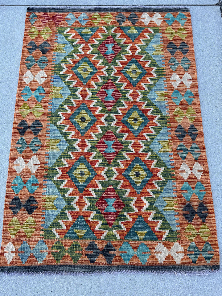 3x4 Handmade Afghan Kilim Runner Rug | Burnt Orange Rust Brick Red Olive Moss Forest Green Navy Teal Aqua Blue Cream White Grey Black | Wool