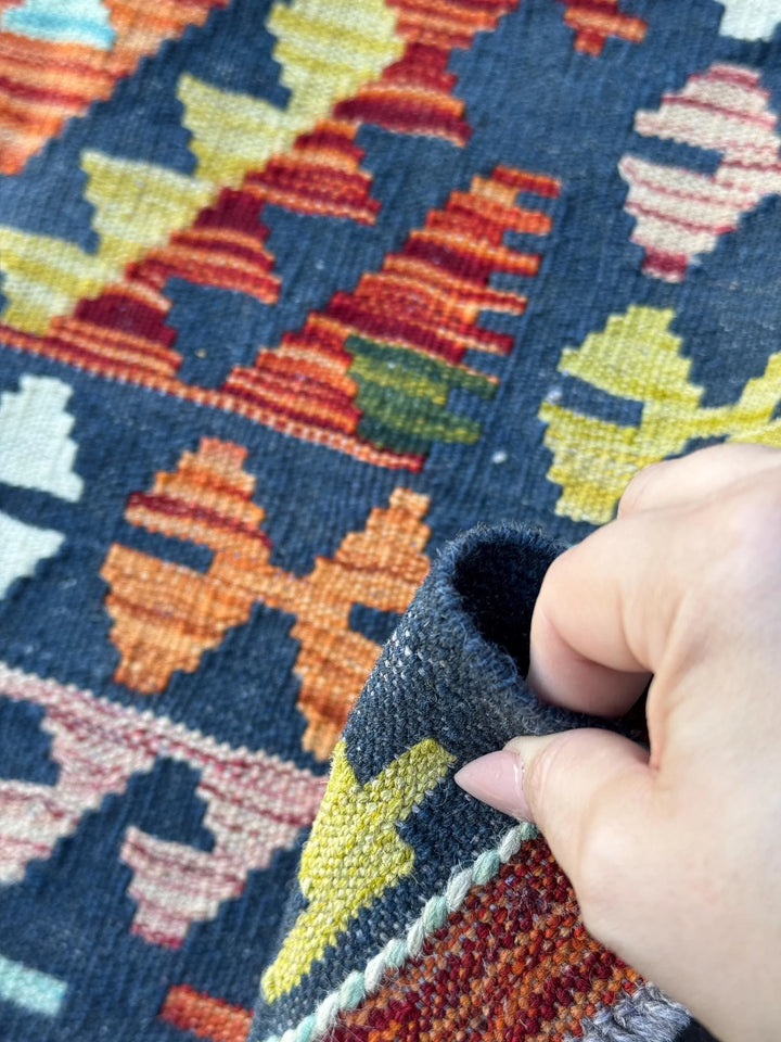 3x5 Handmade Afghan Kilim Runner Rug | Navy Prussian Denim Baby Blue Mint Olive Moss Forest Green White Brick Crimson Red Yellow Orange Wool