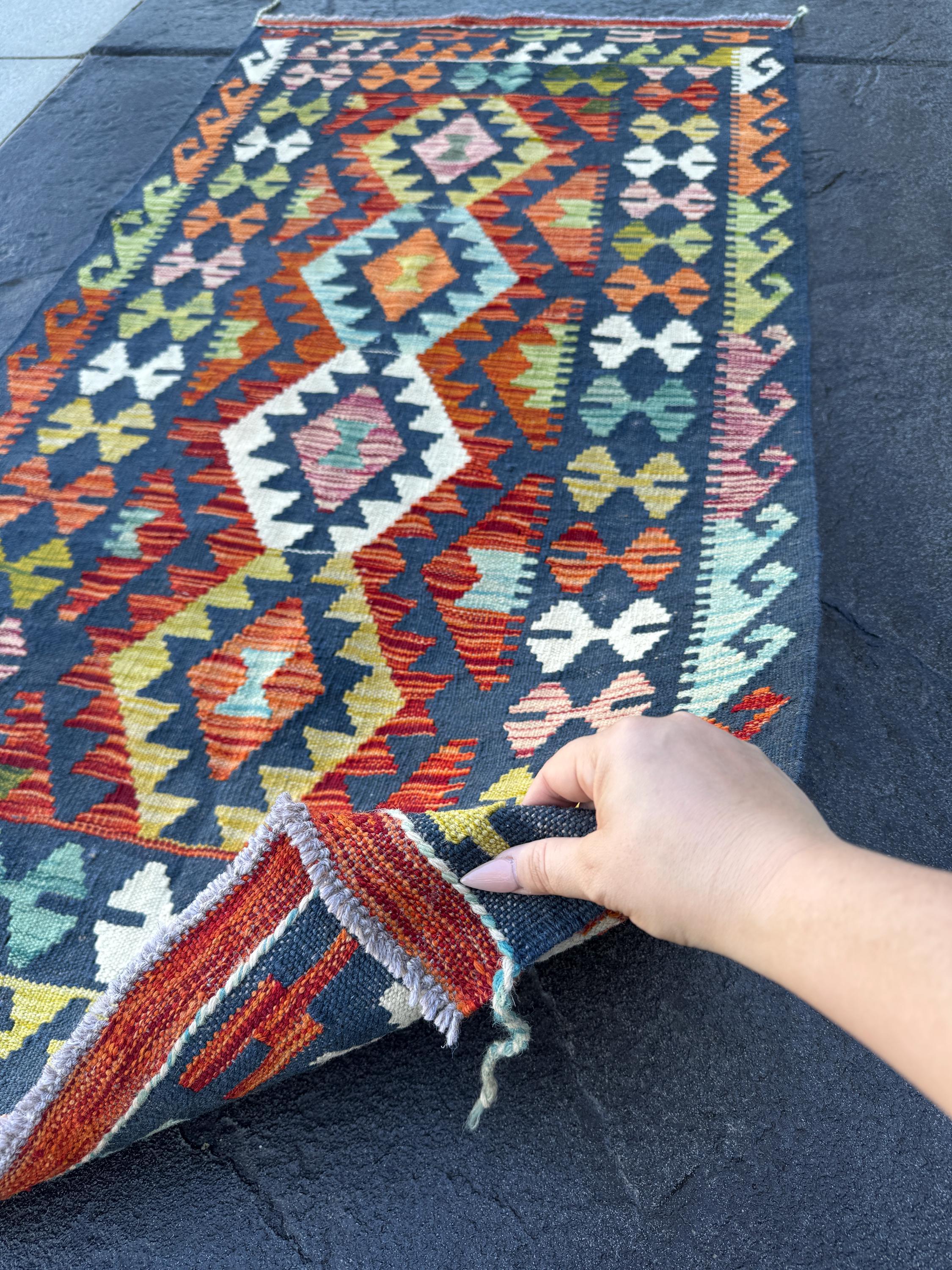 3x5 Handmade Afghan Kilim Runner Rug | Navy Prussian Denim Baby Blue Mint Olive Moss Forest Green White Brick Crimson Red Yellow Orange Wool