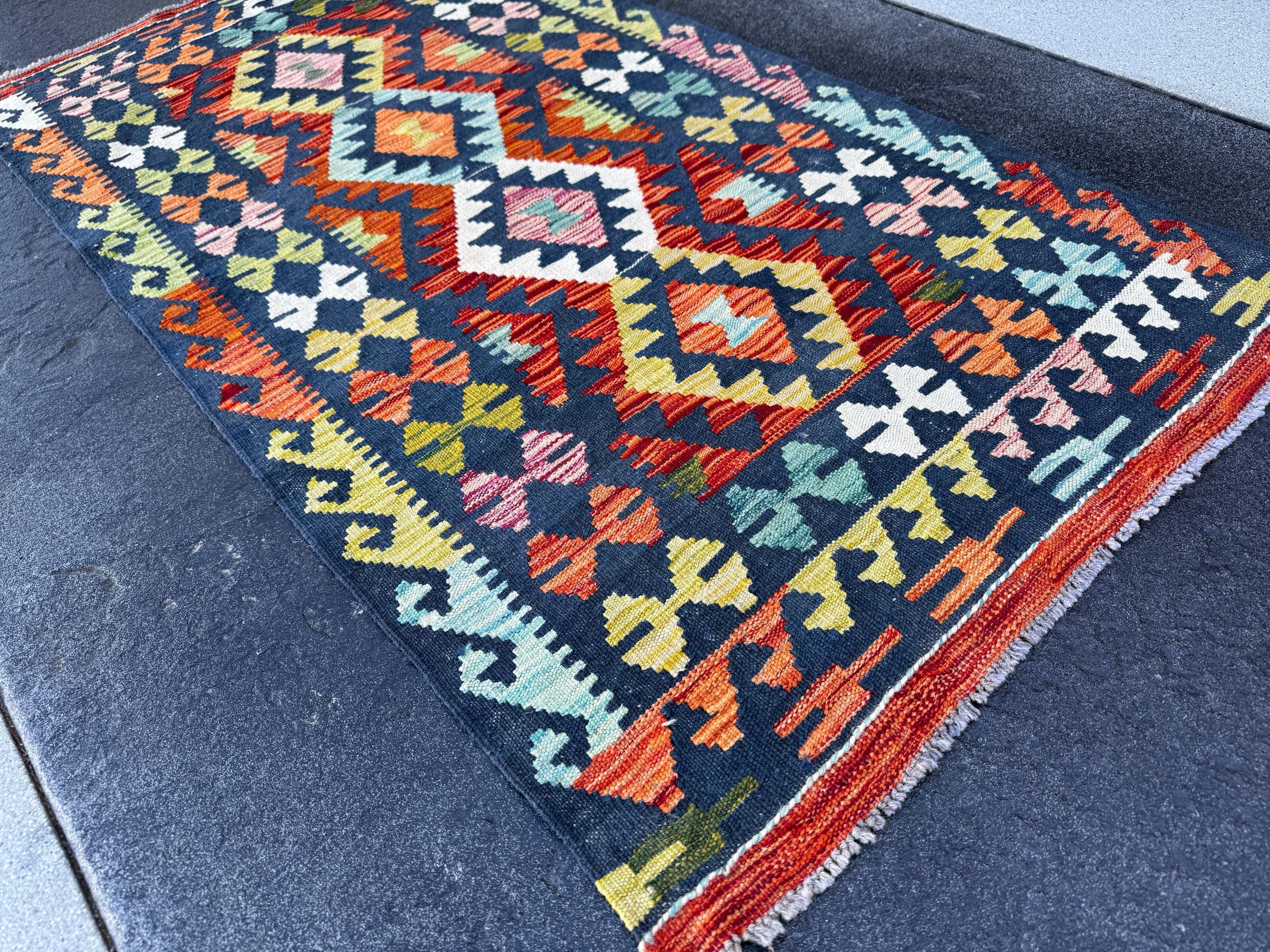 3x5 Handmade Afghan Kilim Runner Rug | Navy Prussian Denim Baby Blue Mint Olive Moss Forest Green White Brick Crimson Red Yellow Orange Wool