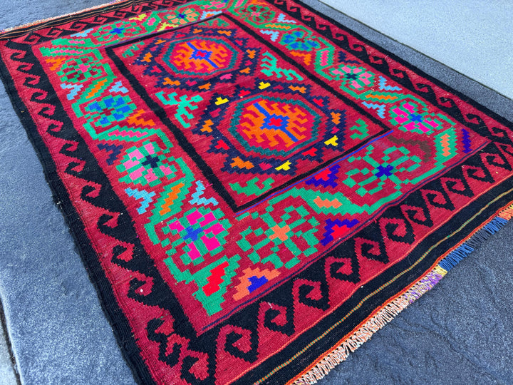 3x5 Handmade Afghan Kilim Runner Rug | Crimson Scarlet Blood Red Black Pine Lime Green Yellow Orange Fuchsia Pink Royal Navy Baby Blue Wool