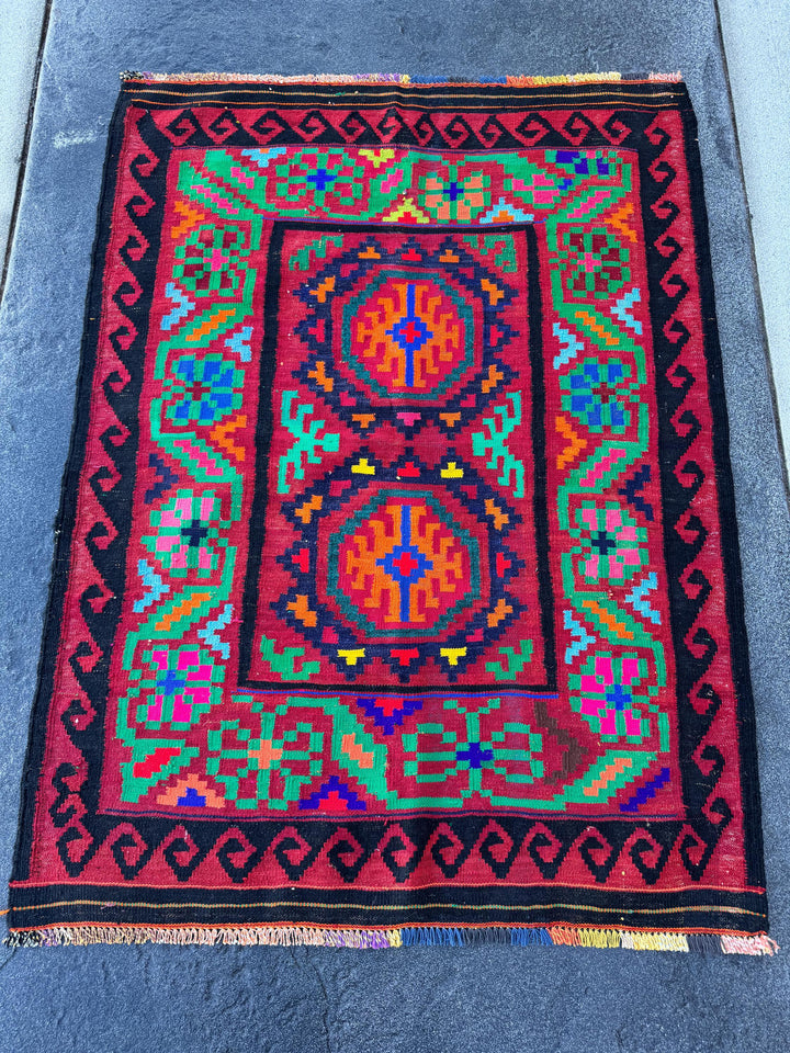 3x5 Handmade Afghan Kilim Runner Rug | Crimson Scarlet Blood Red Black Pine Lime Green Yellow Orange Fuchsia Pink Royal Navy Baby Blue Wool