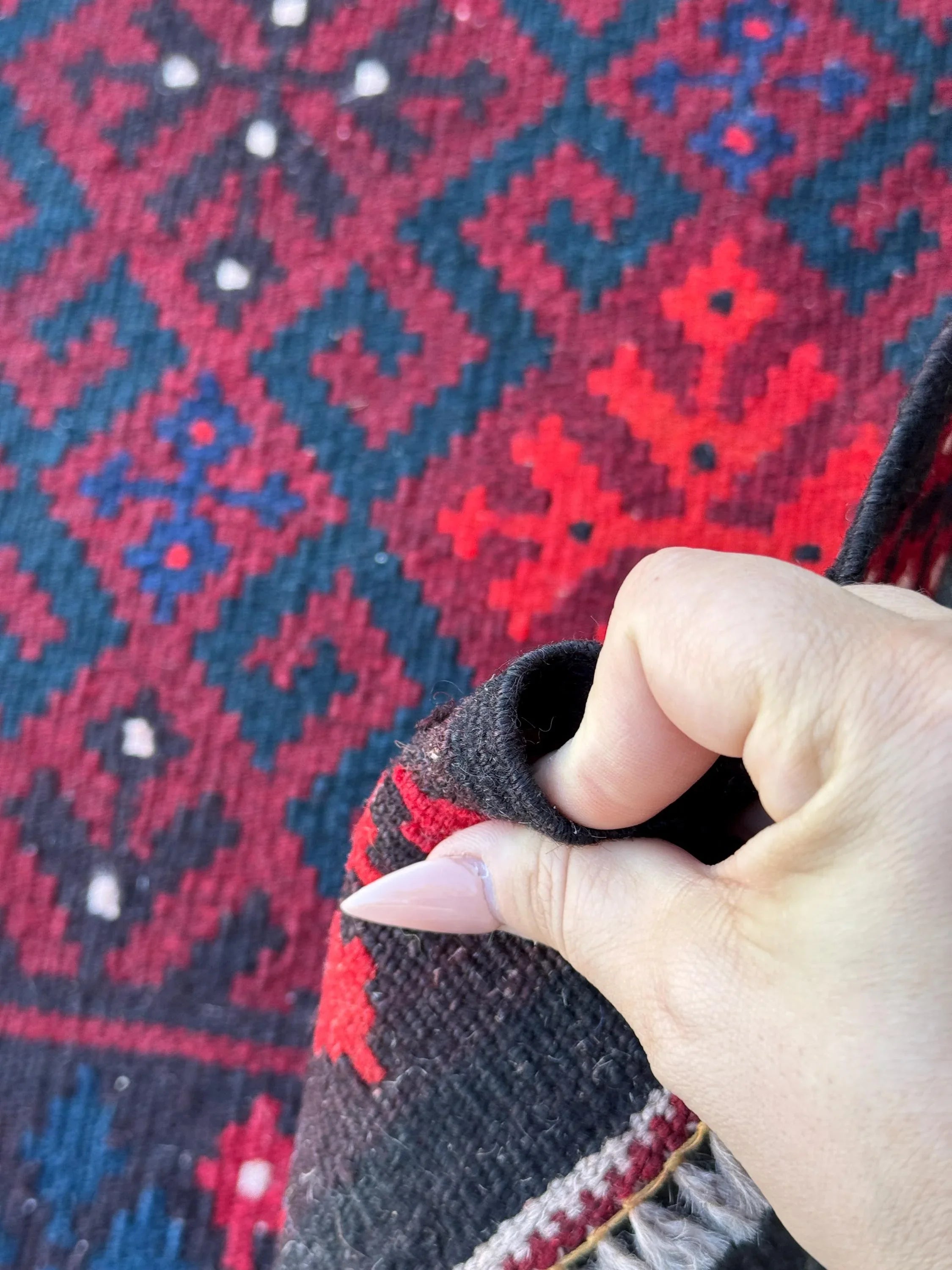 3x4 Handmade Afghan Kilim Rug | Crimson Blood Scarlet Red Navy Midnight Blue Cream White Chocolate Brown Black | Wool Flatweave