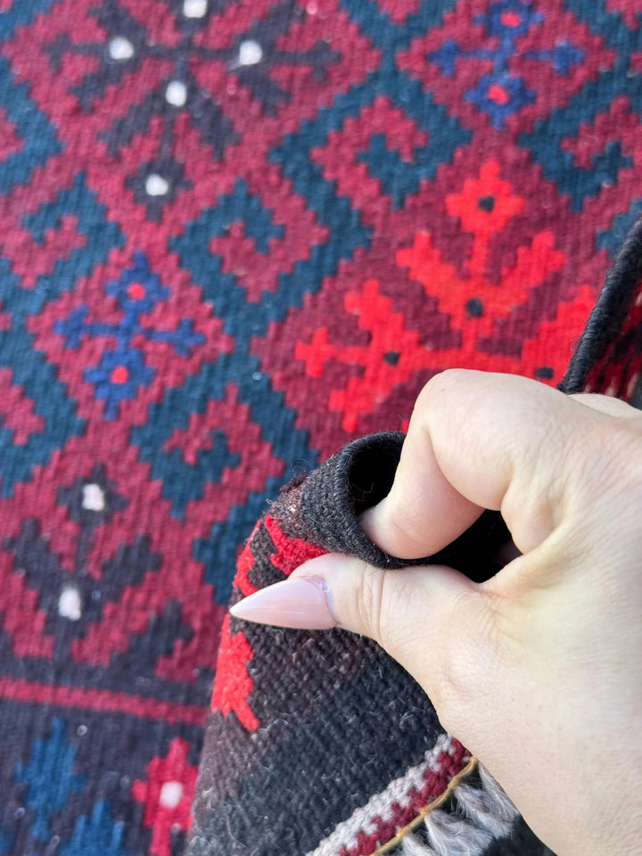 3x4 Handmade Afghan Kilim Rug | Crimson Blood Scarlet Red Navy Midnight Blue Cream White Chocolate Brown Black | Wool Flatweave