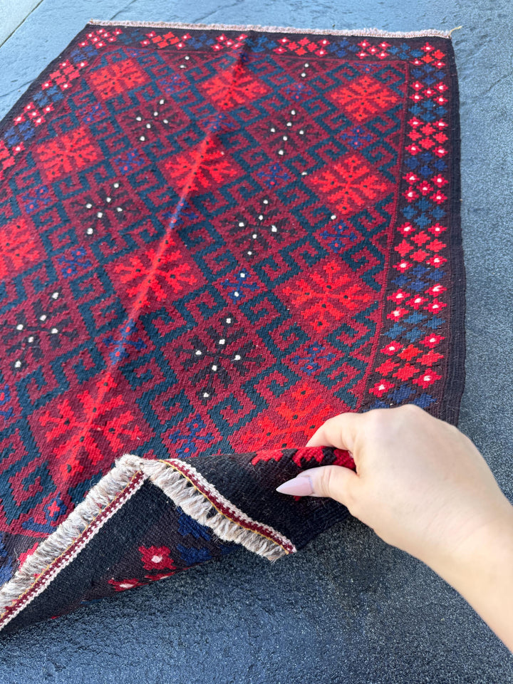 3x4 Handmade Afghan Kilim Rug | Crimson Blood Scarlet Red Navy Midnight Blue Cream White Chocolate Brown Black | Wool Flatweave