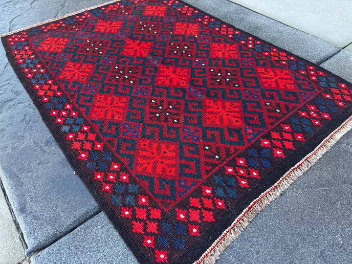 3x4 Handmade Afghan Kilim Rug | Crimson Blood Scarlet Red Navy Midnight Blue Cream White Chocolate Brown Black | Wool Flatweave