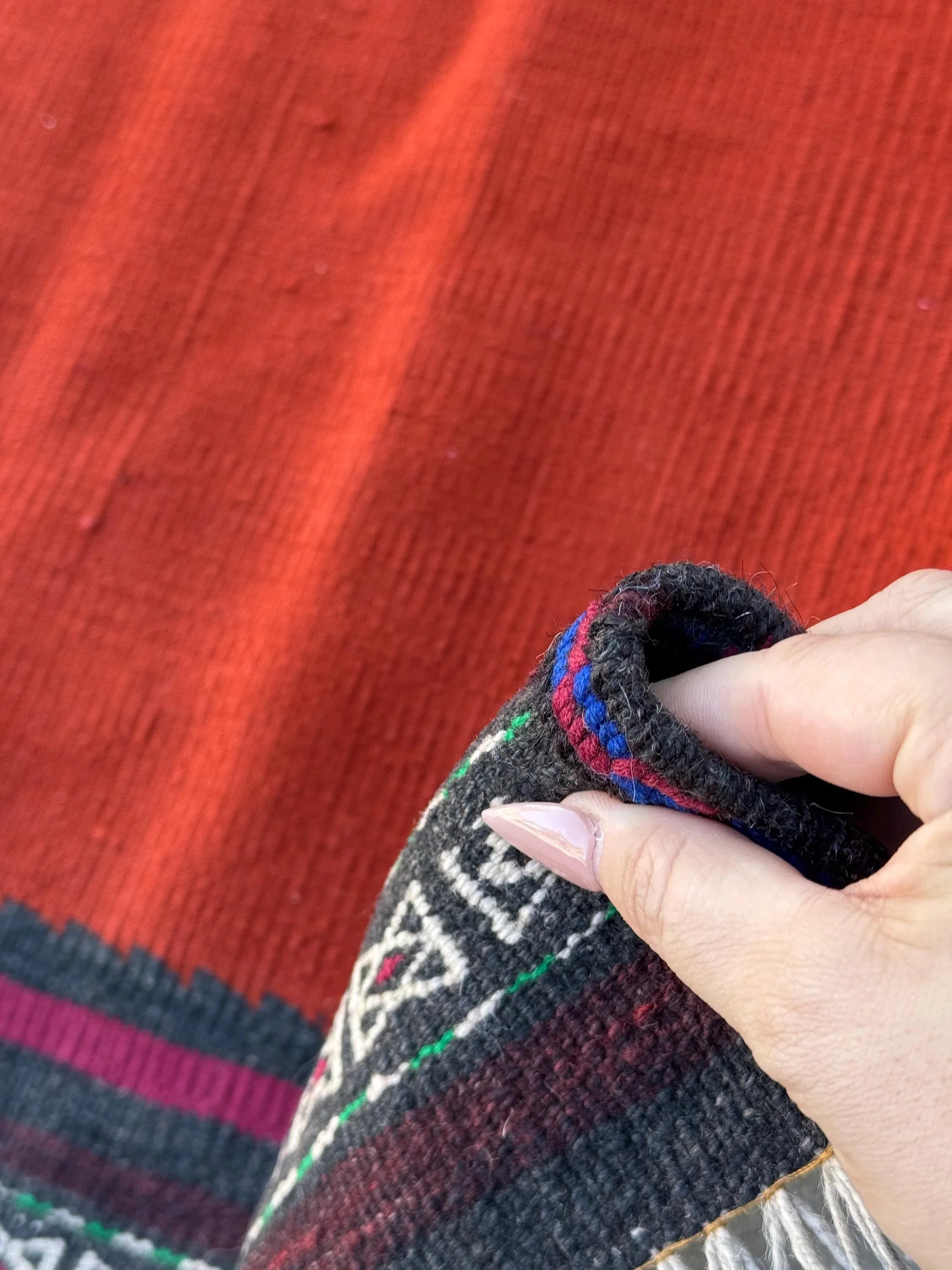 4x4 (121x121) Handmade Afghan Kilim Rug | Crimson Scarlet Wine Red White Ivory Black Navy Midnight Blue | Wool Flatweave Minimalist Boho