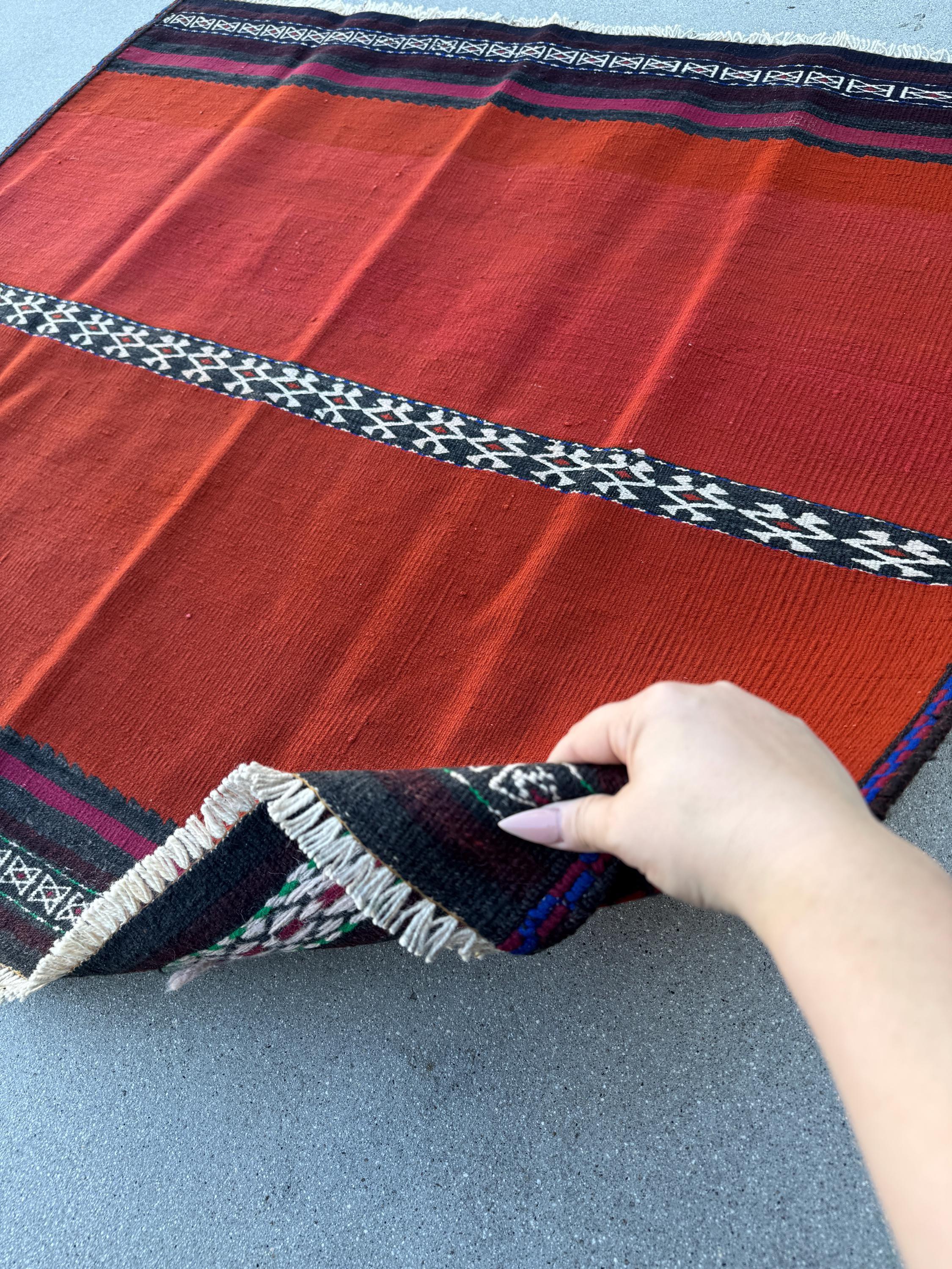 4x4 (121x121) Handmade Afghan Kilim Rug | Crimson Scarlet Wine Red White Ivory Black Navy Midnight Blue | Wool Flatweave Minimalist Boho