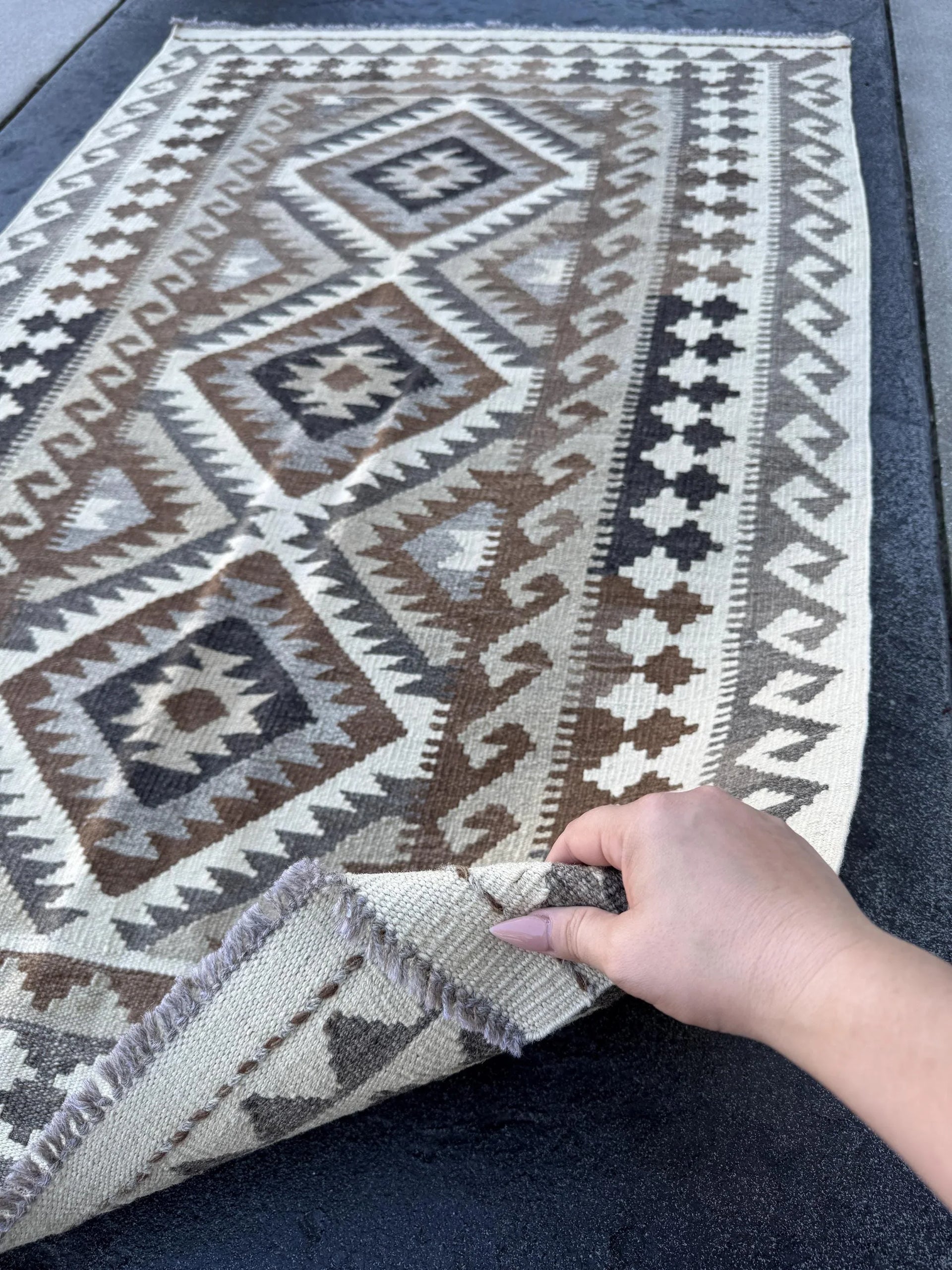 3x5 (91x152) Handmade Afghan Kilim Rug | Cream Sand Coffee Beige Chocolate Brown Grey Black Tan Taupe | Wool Flatweave Neutral Minimalist