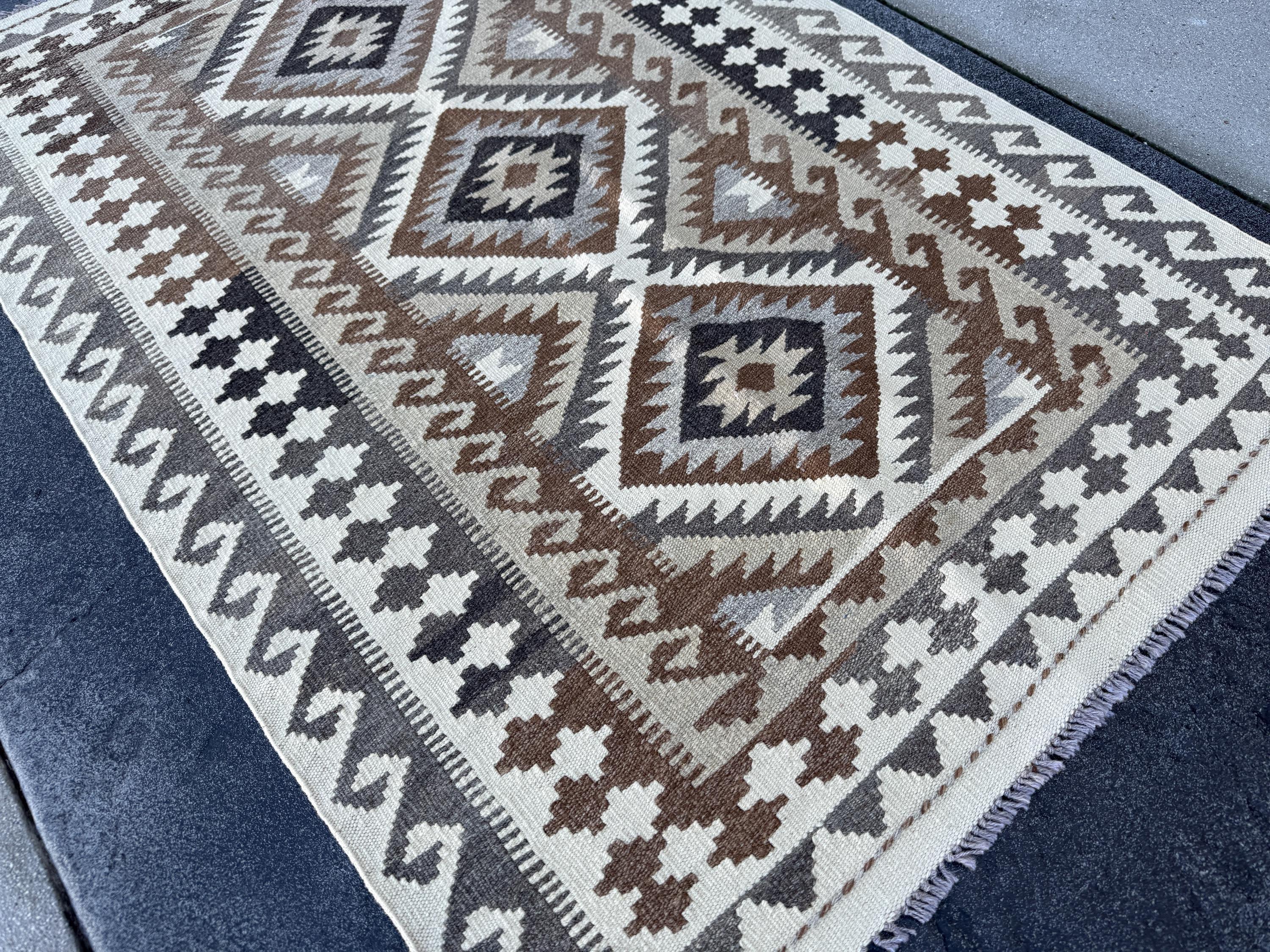 3x5 (91x152) Handmade Afghan Kilim Rug | Cream Sand Coffee Beige Chocolate Brown Grey Black Tan Taupe | Wool Flatweave Neutral Minimalist