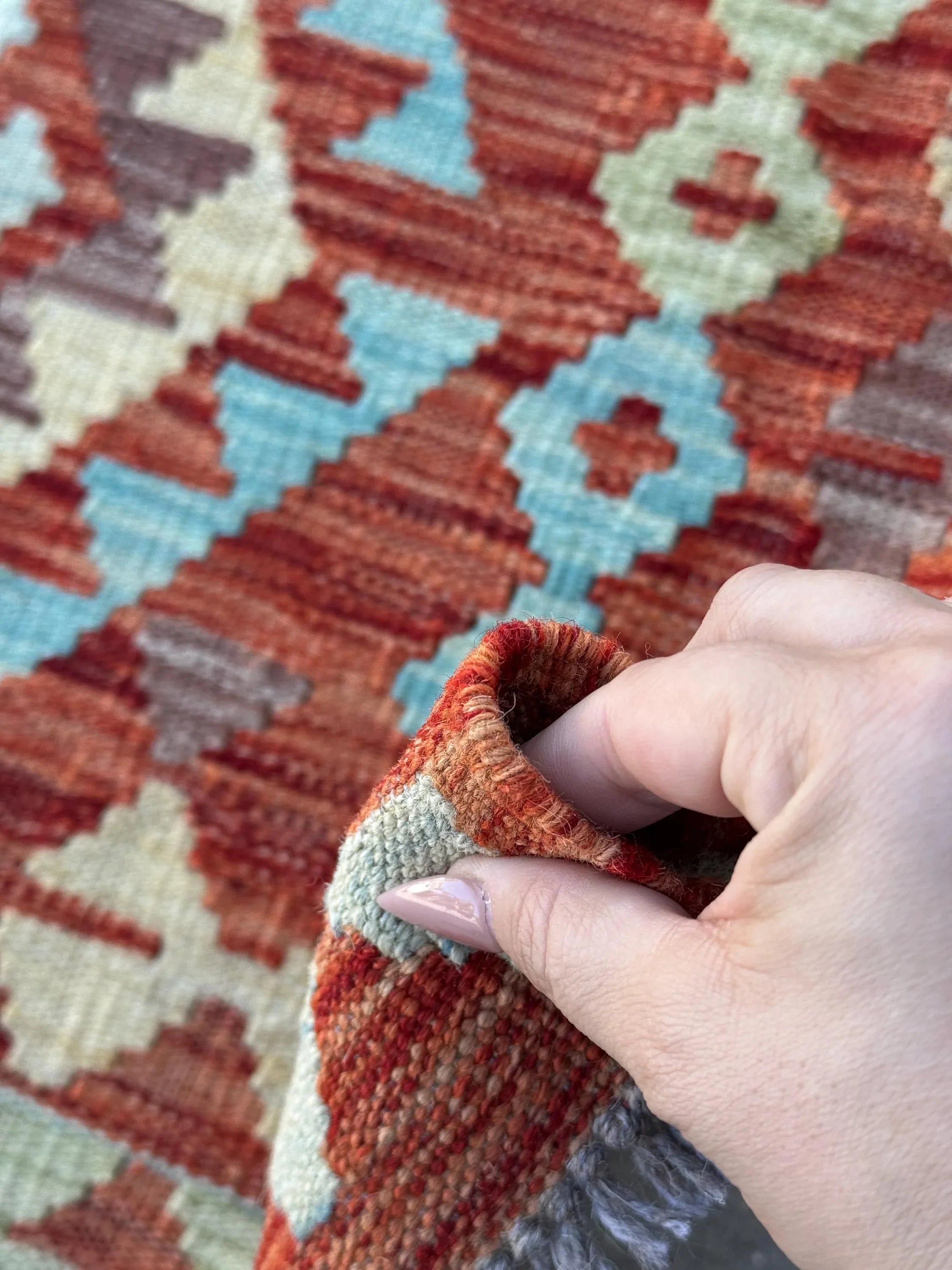 3x5 (91x152) Handmade Afghan Kilim Rug | Burnt Orange Rust Mint Sage Green Aqua Powder Blue Chocolate Brown Cream Cornsilk Yellow | Wool