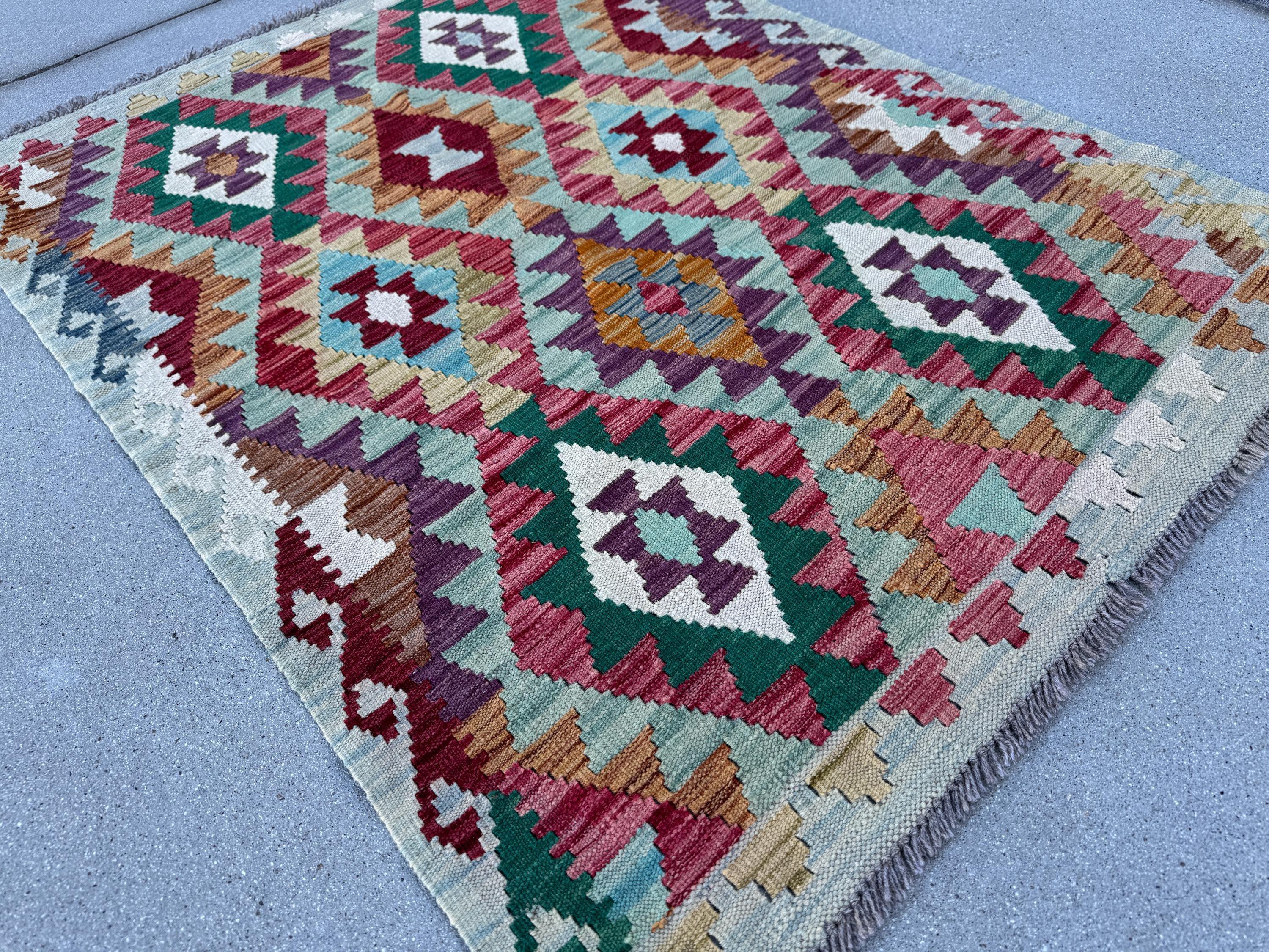 3-4x5 (100x152) Handmade Afghan Kilim Rug | Powder Aqua Dusty Teal Blue Forest Green Coffee Rust Brown White Ivory Purple Blood Wine Red