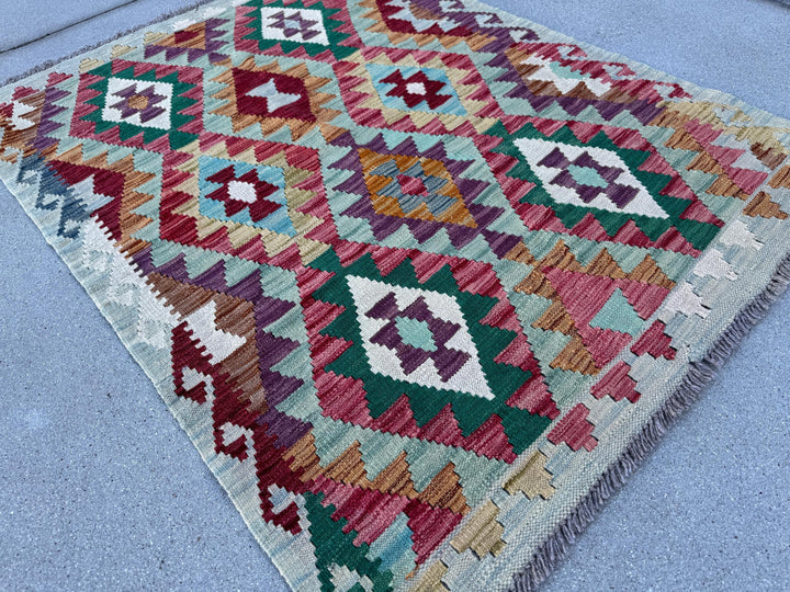 3-4x5 (100x152) Handmade Afghan Kilim Rug | Powder Aqua Dusty Teal Blue Forest Green Coffee Rust Brown White Ivory Purple Blood Wine Red