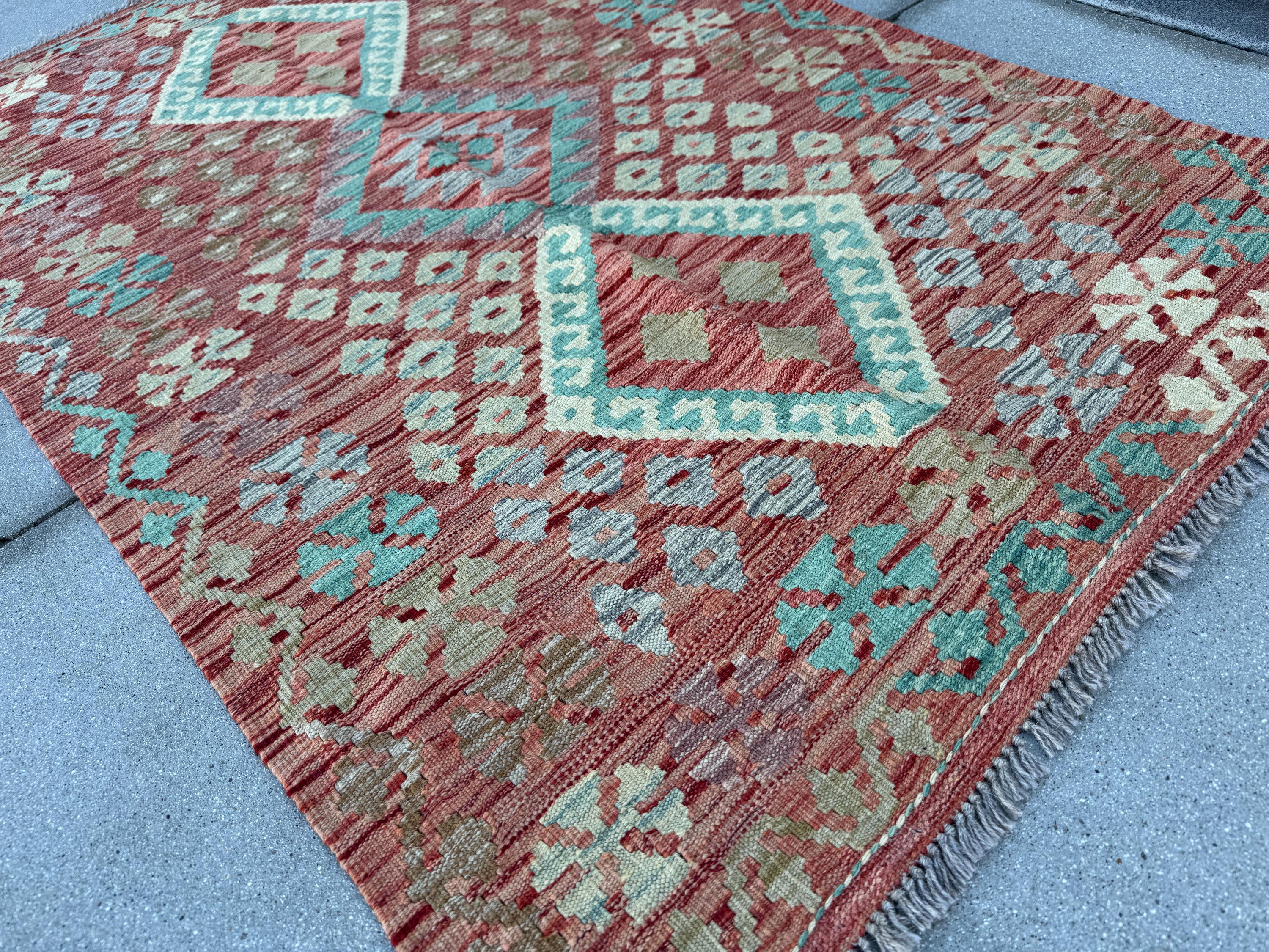 3x5 (91x152) Handmade Afghan Kilim Rug | Brick Red Teal Aqua Denim Blue Beige Tan Sage Mint Green Cream Purple | Wool Geometric Flatweave