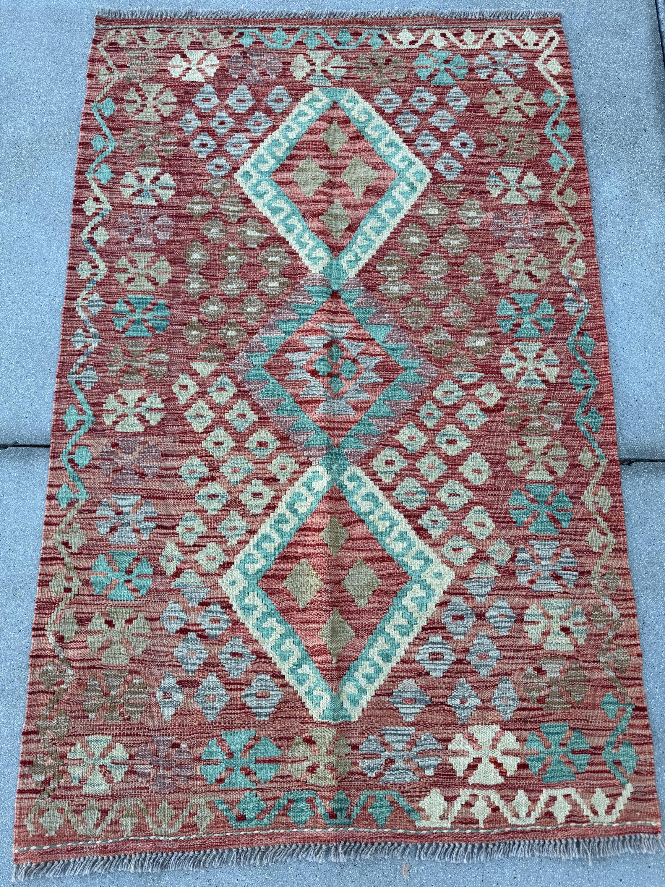 3x5 (91x152) Handmade Afghan Kilim Rug | Brick Red Teal Aqua Denim Blue Beige Tan Sage Mint Green Cream Purple | Wool Geometric Flatweave