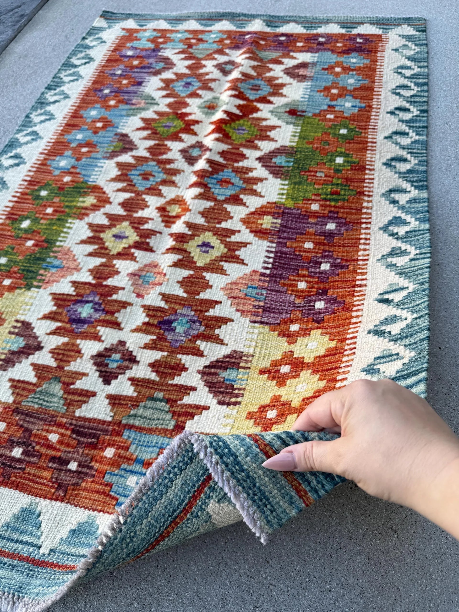3x4 (91x121) Handmade Afghan Kilim Rug | Cream Orange Forest Green Burgundy Maroon Brick Red Purple Yellow Denim Aqua Prussian Blue Pink