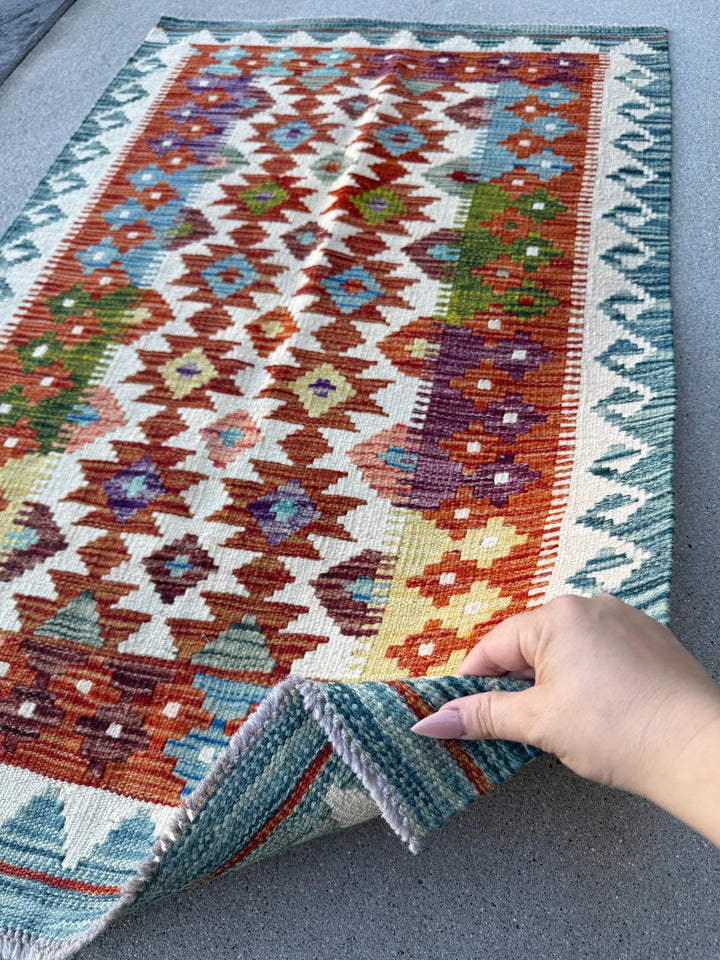 3x4 (91x121) Handmade Afghan Kilim Rug | Cream Orange Forest Green Burgundy Maroon Brick Red Purple Yellow Denim Aqua Prussian Blue Pink