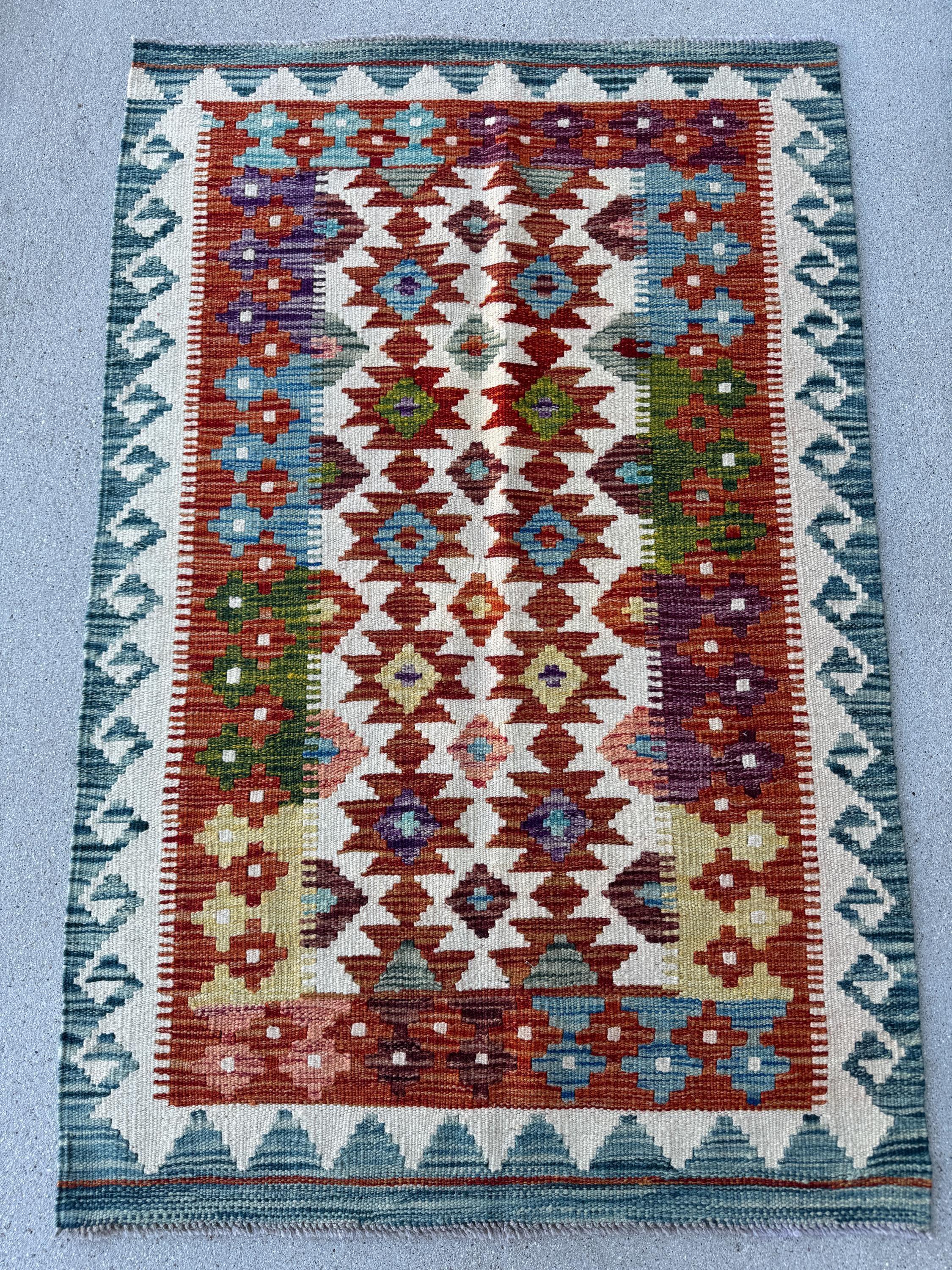 3x4 (91x121) Handmade Afghan Kilim Rug | Cream Orange Forest Green Burgundy Maroon Brick Red Purple Yellow Denim Aqua Prussian Blue Pink