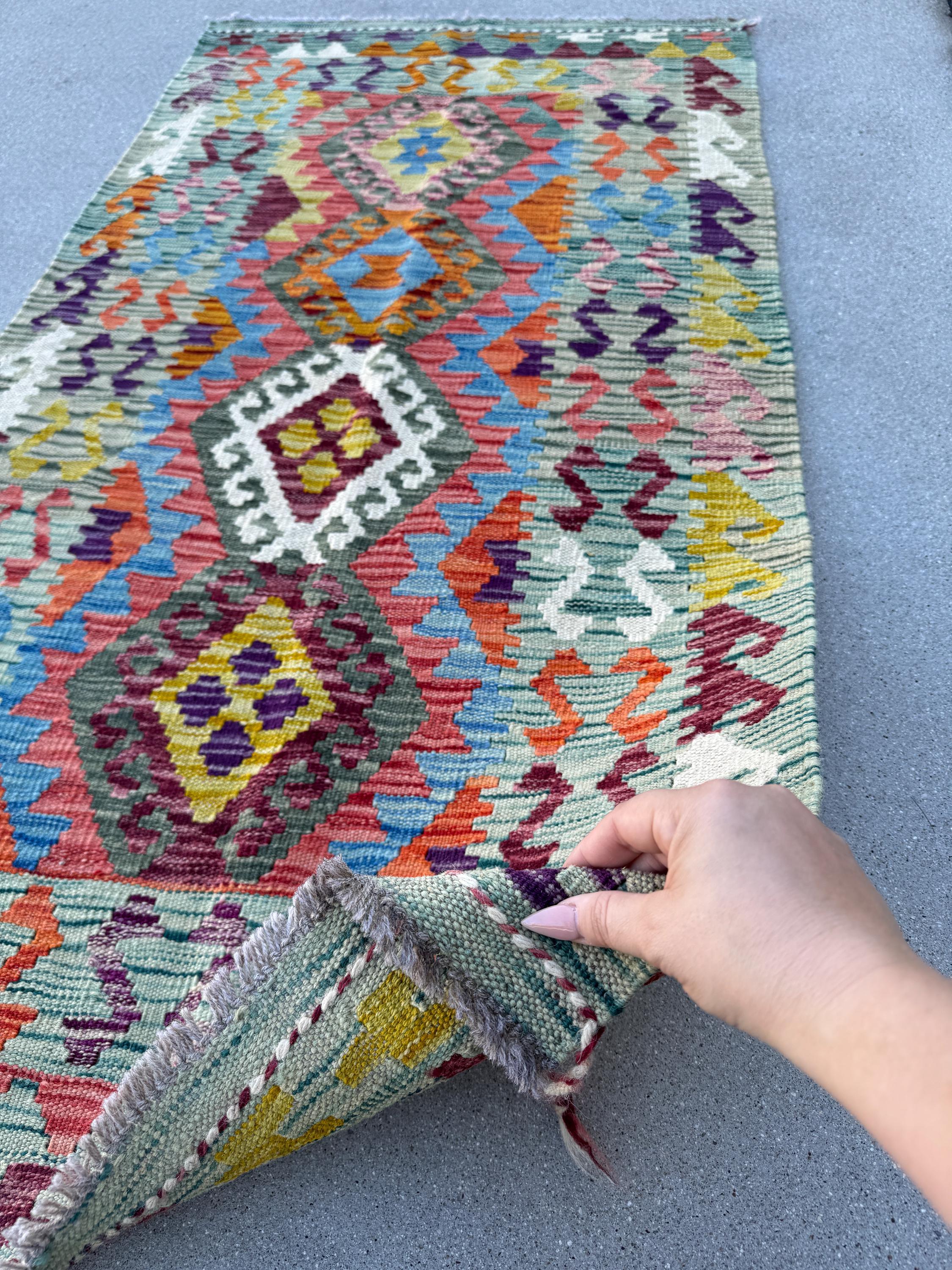 2-3x5 (76x152) Handmade Afghan Kilim Rug | Denim Prussian Teal Royal Blue Purple Maroon Burgundy Moss Olive Green Orange Red Orange White