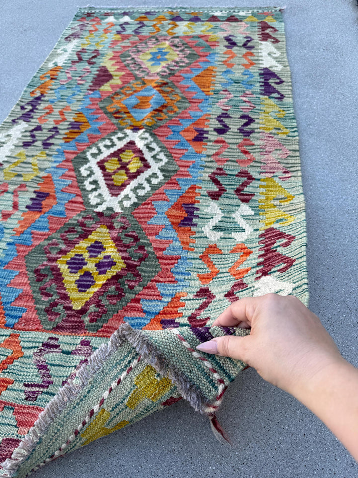 2-3x5 (76x152) Handmade Afghan Kilim Rug | Denim Prussian Teal Royal Blue Purple Maroon Burgundy Moss Olive Green Orange Red Orange White