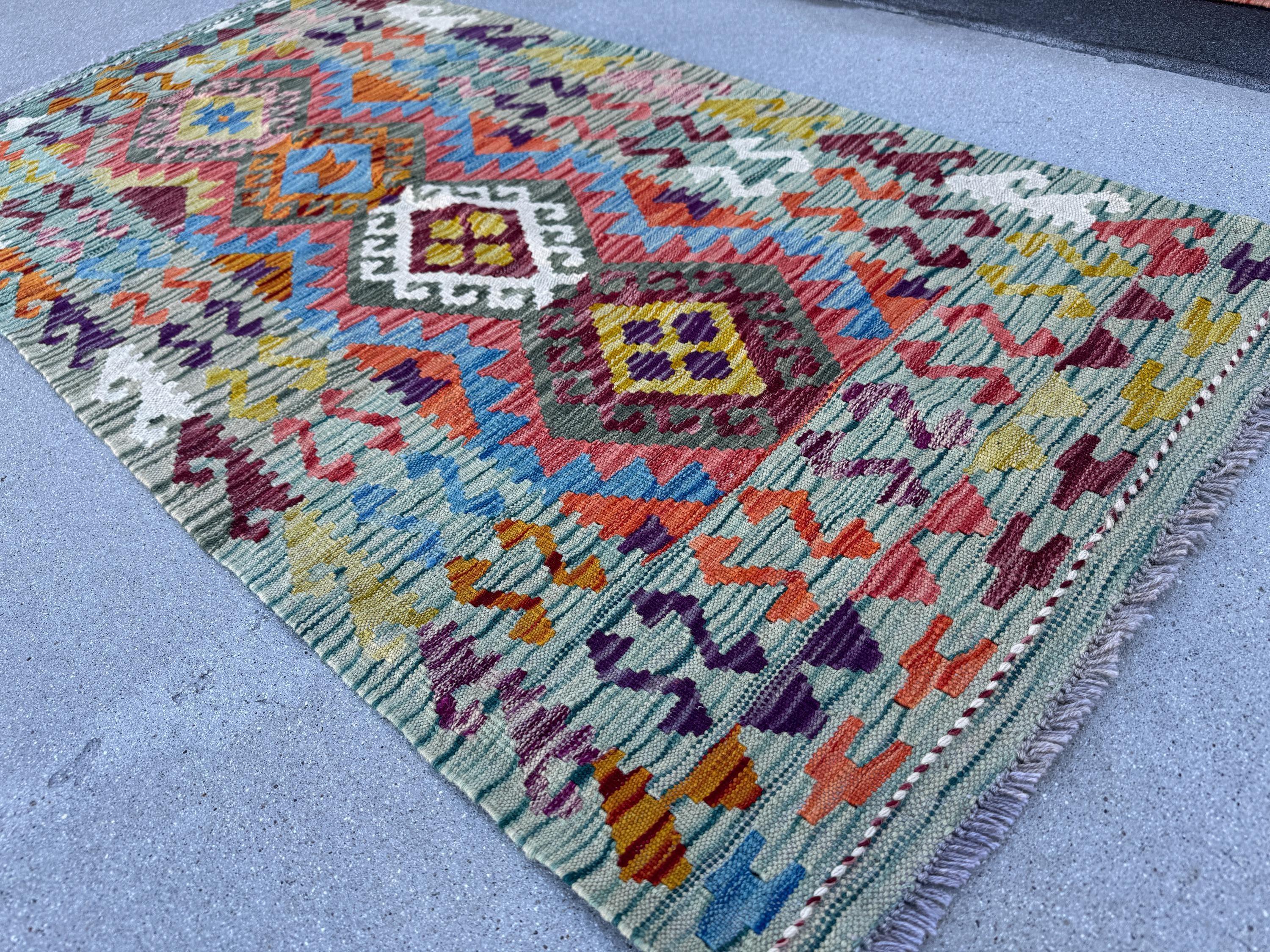 2-3x5 (76x152) Handmade Afghan Kilim Rug | Denim Prussian Teal Royal Blue Purple Maroon Burgundy Moss Olive Green Orange Red Orange White