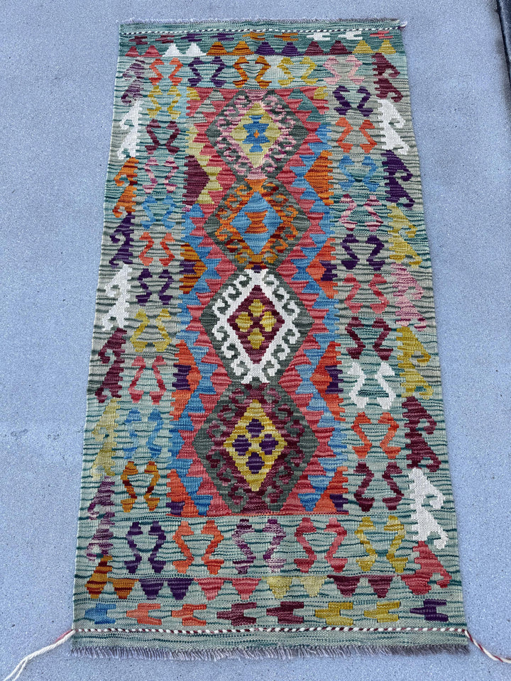 2-3x5 (76x152) Handmade Afghan Kilim Rug | Denim Prussian Teal Royal Blue Purple Maroon Burgundy Moss Olive Green Orange Red Orange White