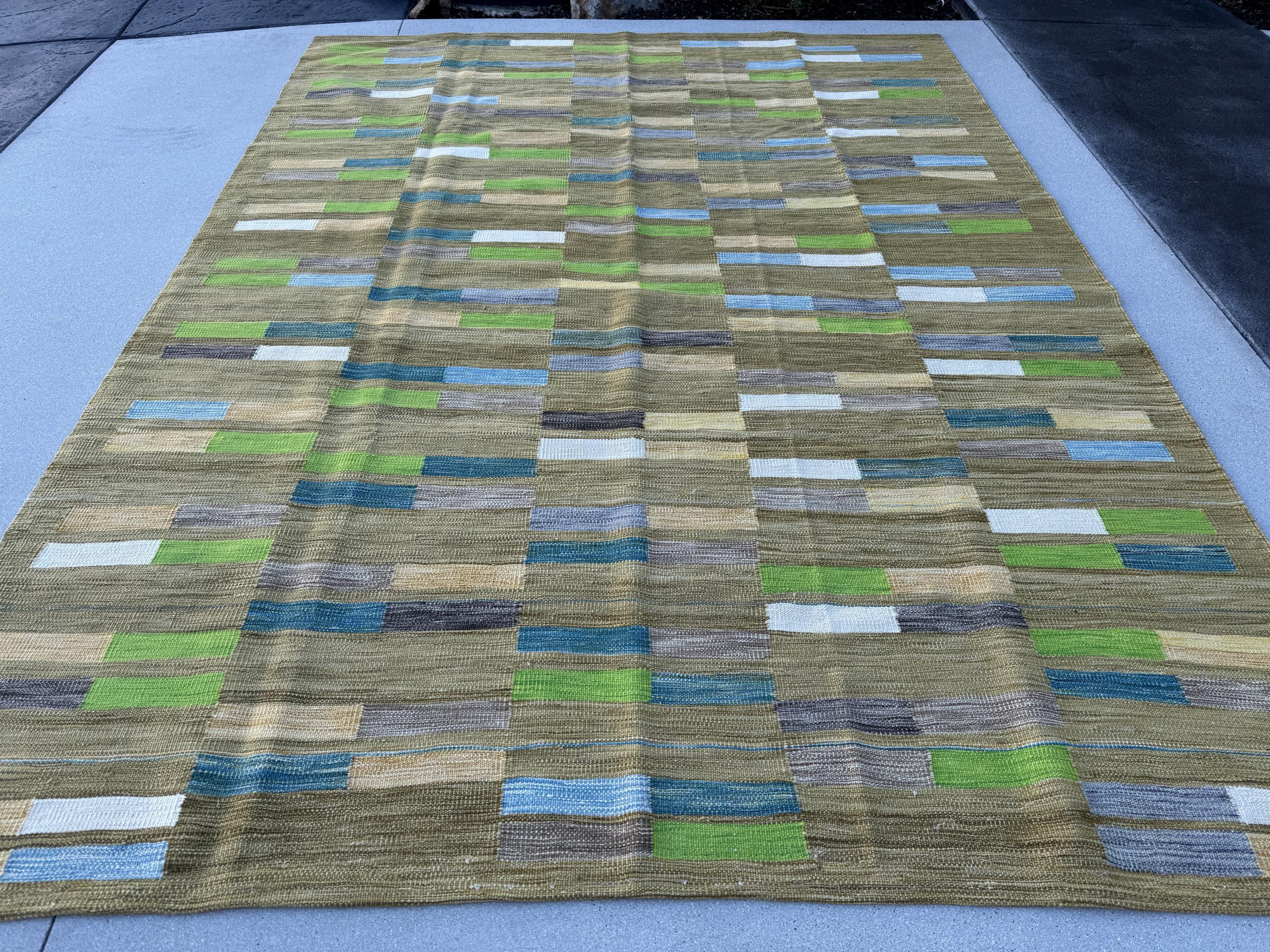 8x11 Handmade Afghan Kilim Rug | Chartreuse Pine Olive Moss Green Denim Prussian Baby Blue Grey Gray White Cornsilk Yellow Beige Taupe Wool