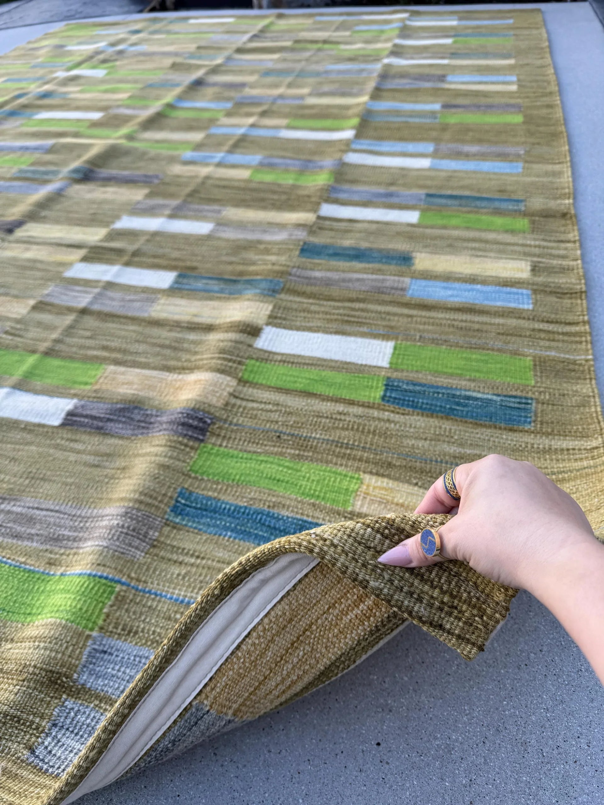 8x11 Handmade Afghan Kilim Rug | Chartreuse Pine Olive Moss Green Denim Prussian Baby Blue Grey Gray White Cornsilk Yellow Beige Taupe Wool