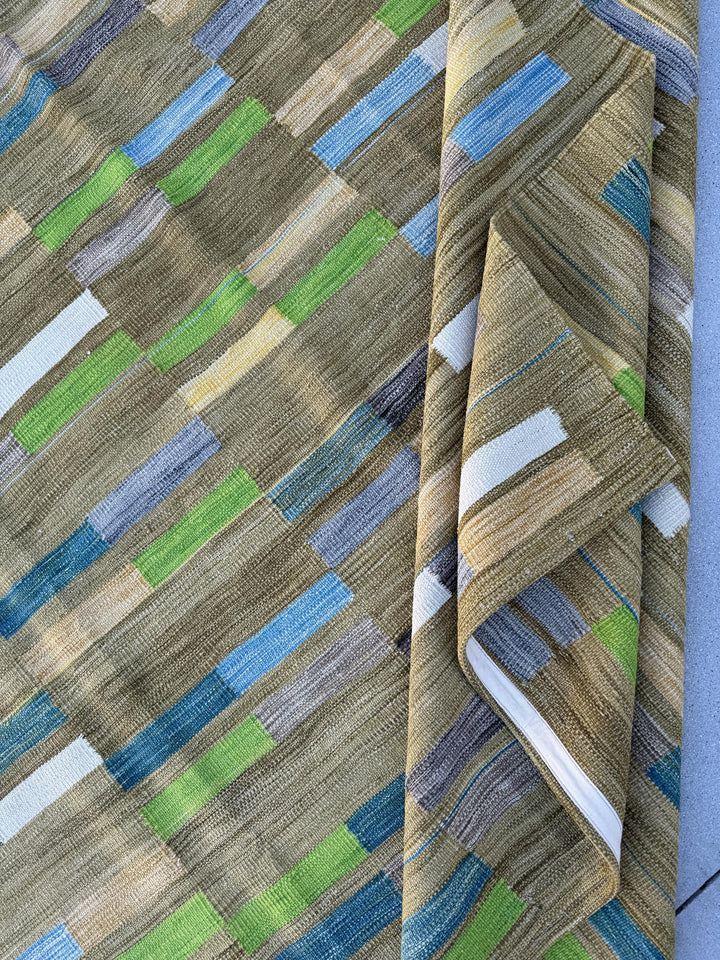8x11 Handmade Afghan Kilim Rug | Chartreuse Pine Olive Moss Green Denim Prussian Baby Blue Grey Gray White Cornsilk Yellow Beige Taupe Wool