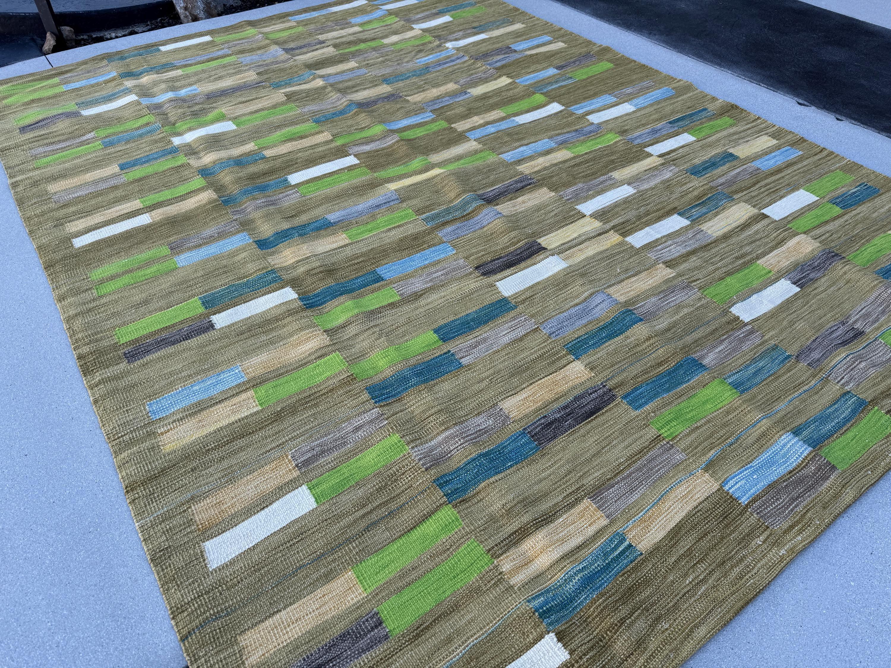 8x11 Handmade Afghan Kilim Rug | Chartreuse Pine Olive Moss Green Denim Prussian Baby Blue Grey Gray White Cornsilk Yellow Beige Taupe Wool