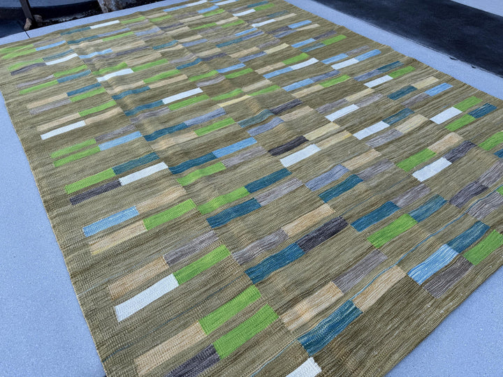 8x11 Handmade Afghan Kilim Rug | Chartreuse Pine Olive Moss Green Denim Prussian Baby Blue Grey Gray White Cornsilk Yellow Beige Taupe Wool