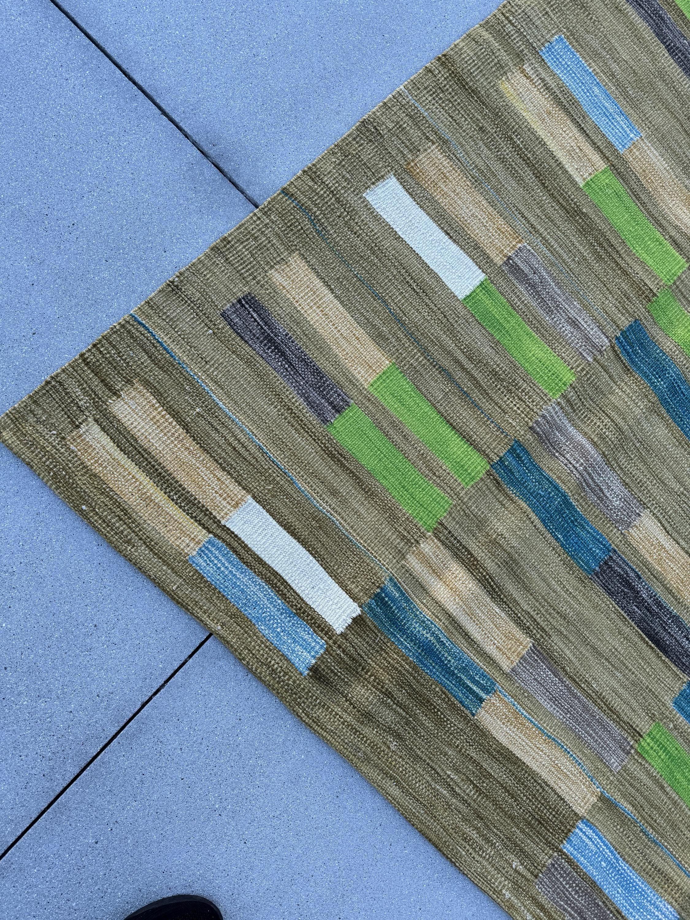 8x11 Handmade Afghan Kilim Rug | Chartreuse Pine Olive Moss Green Denim Prussian Baby Blue Grey Gray White Cornsilk Yellow Beige Taupe Wool