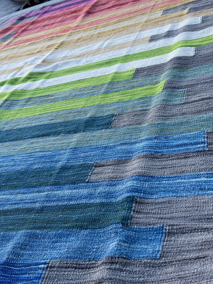 8x10 Handmade Afghan Kilim Rug | Grey Pink Orange Gold Yellow Teal Olive Green Sky Navy Aqua Blue White | Wool Handwoven Handknotted