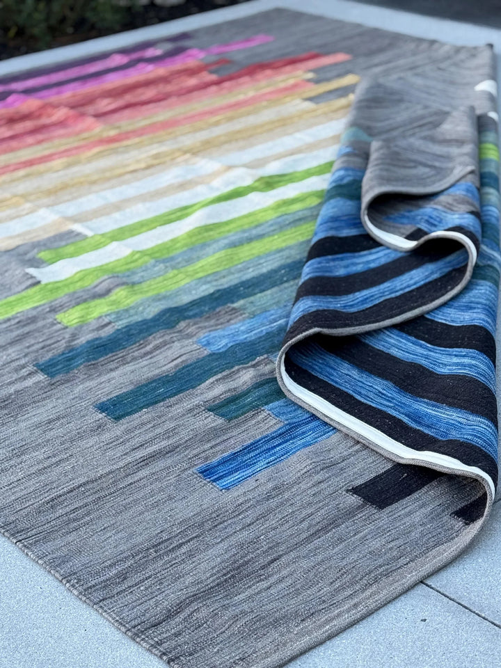 8x10 Handmade Afghan Kilim Rug | Grey Pink Orange Gold Yellow Teal Olive Green Sky Navy Aqua Blue White | Wool Handwoven Handknotted