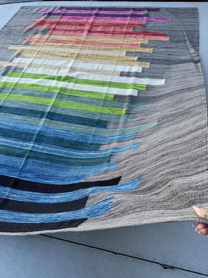 8x10 Handmade Afghan Kilim Rug | Grey Pink Orange Gold Yellow Teal Olive Green Sky Navy Aqua Blue White | Wool Handwoven Handknotted