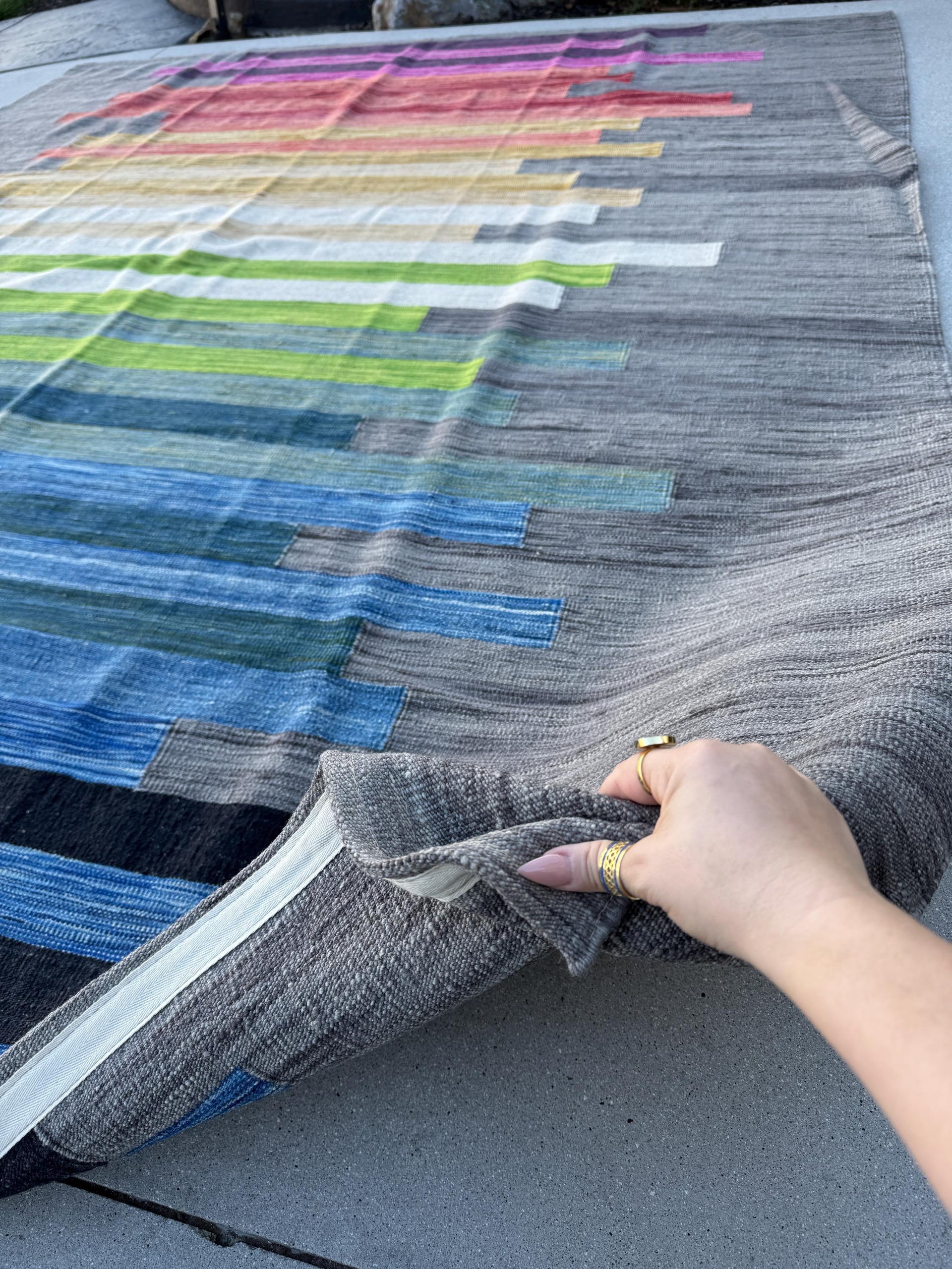 8x10 Handmade Afghan Kilim Rug | Grey Pink Orange Gold Yellow Teal Olive Green Sky Navy Aqua Blue White | Wool Handwoven Handknotted