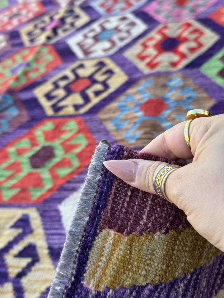 6x8 (182x243) Handmade Afghan Kilim Rug | Purple Fuchsia Violet Eggplant Plum Cornsilk Cream Orange Green Grey Pink Denim Blue Aqua Red
