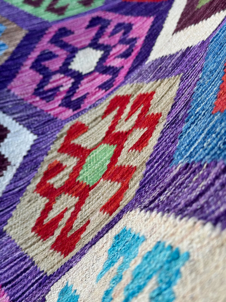 6x8 (182x243) Handmade Afghan Kilim Rug | Purple Fuchsia Violet Eggplant Plum Cornsilk Cream Orange Green Grey Pink Denim Blue Aqua Red