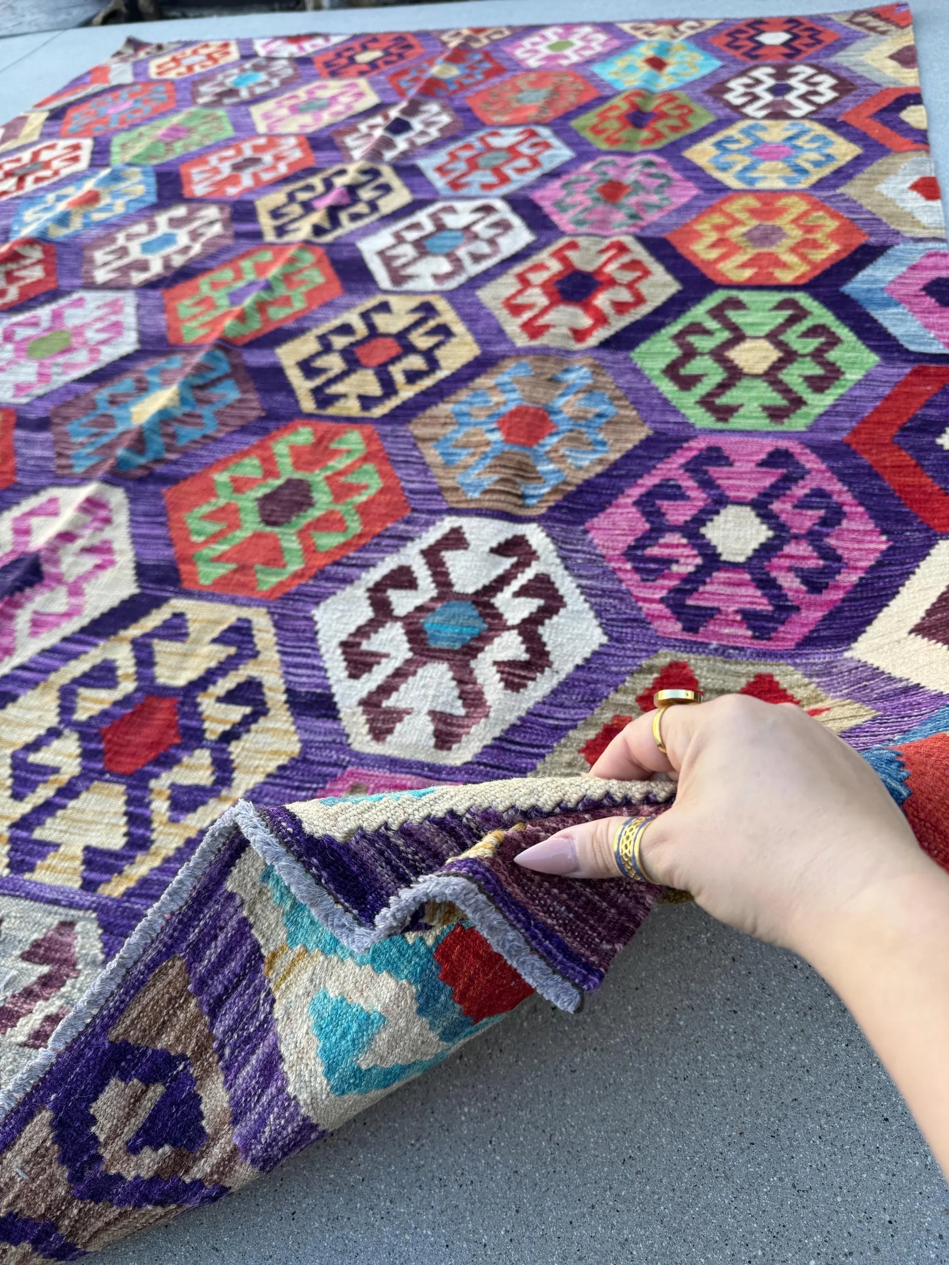 6x8 (182x243) Handmade Afghan Kilim Rug | Purple Fuchsia Violet Eggplant Plum Cornsilk Cream Orange Green Grey Pink Denim Blue Aqua Red