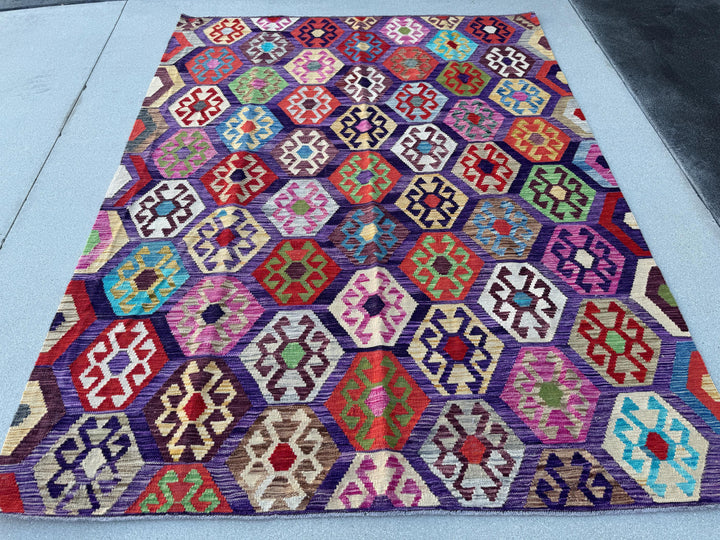 6x8 (182x243) Handmade Afghan Kilim Rug | Purple Fuchsia Violet Eggplant Plum Cornsilk Cream Orange Green Grey Pink Denim Blue Aqua Red