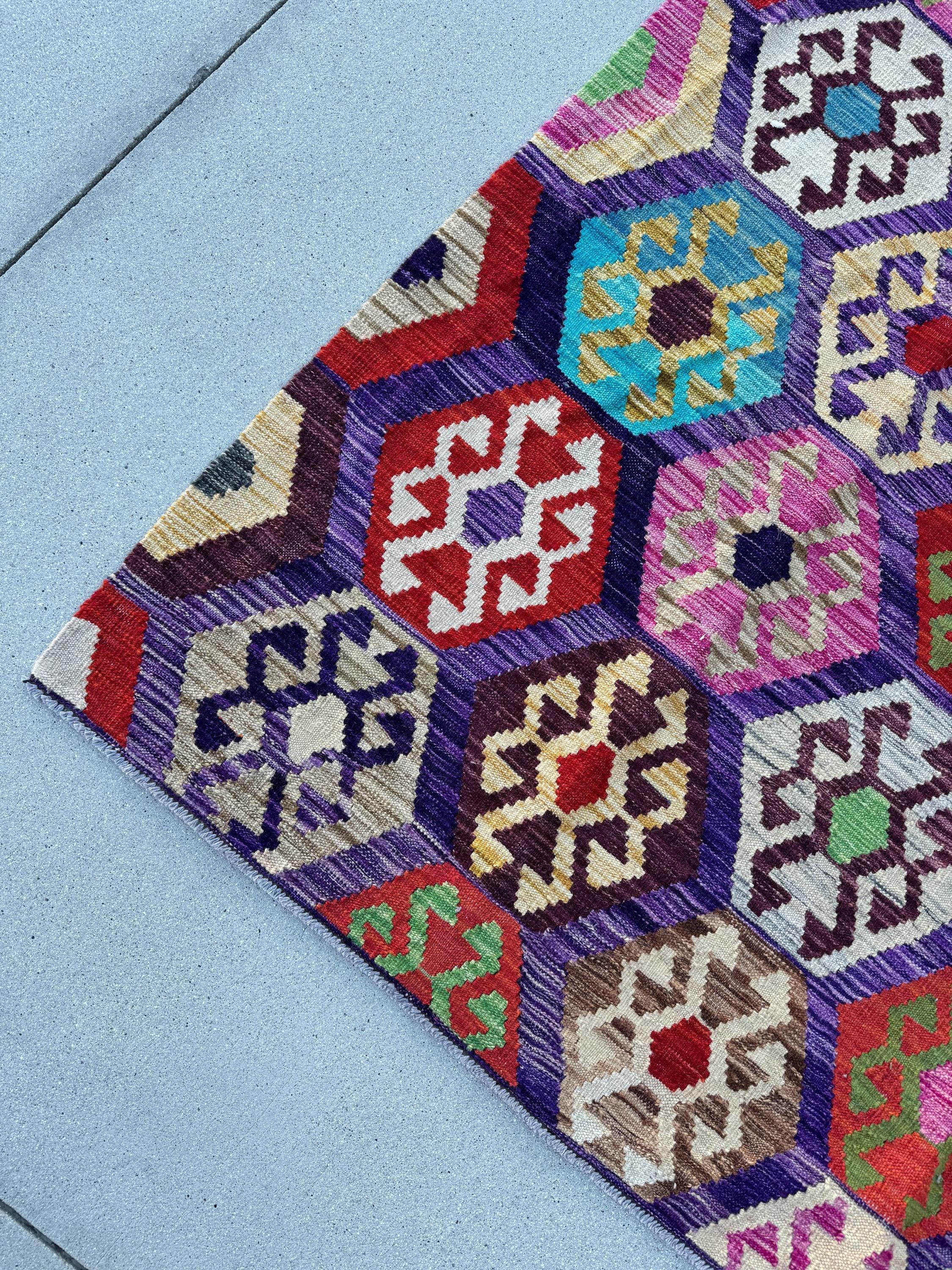 6x8 (182x243) Handmade Afghan Kilim Rug | Purple Fuchsia Violet Eggplant Plum Cornsilk Cream Orange Green Grey Pink Denim Blue Aqua Red