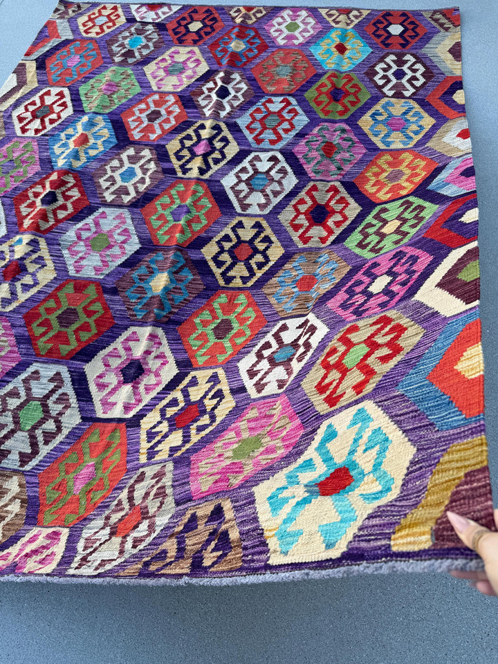 6x8 (182x243) Handmade Afghan Kilim Rug | Purple Fuchsia Violet Eggplant Plum Cornsilk Cream Orange Green Grey Pink Denim Blue Aqua Red