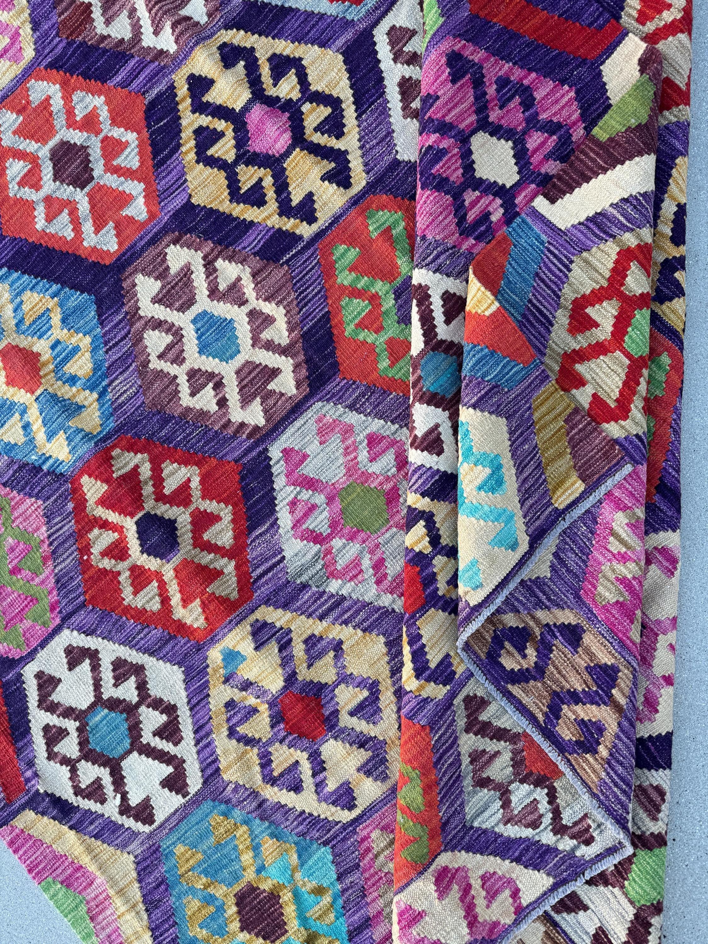 6x8 (182x243) Handmade Afghan Kilim Rug | Purple Fuchsia Violet Eggplant Plum Cornsilk Cream Orange Green Grey Pink Denim Blue Aqua Red